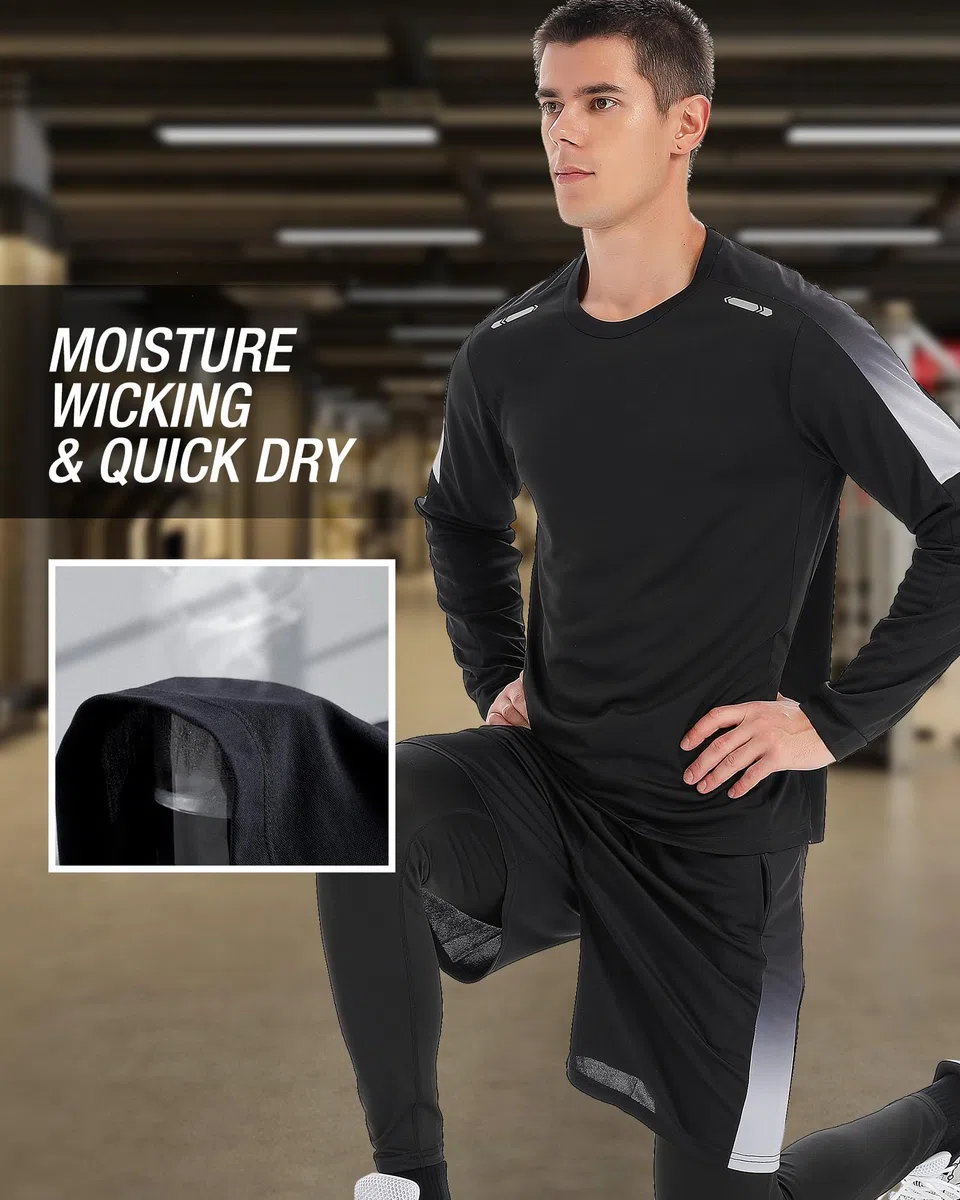 BOOMCOOL - Conjunto deportivo para hombre de 3 piezas, camiseta de entrenamiento para gimnasio, ropa deportiva para correr, fútbol, ejercicio y otras actividades deportivas, negro azul gris (Black