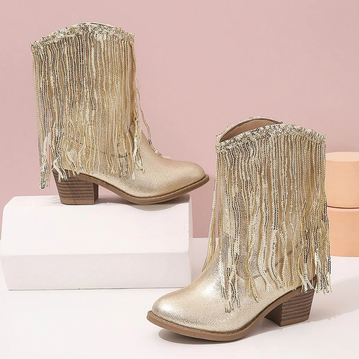 Botas Vaqueras oesteñas sólidas Cuero auténtico niñas con borlas diseño Informal para otoño Invierno