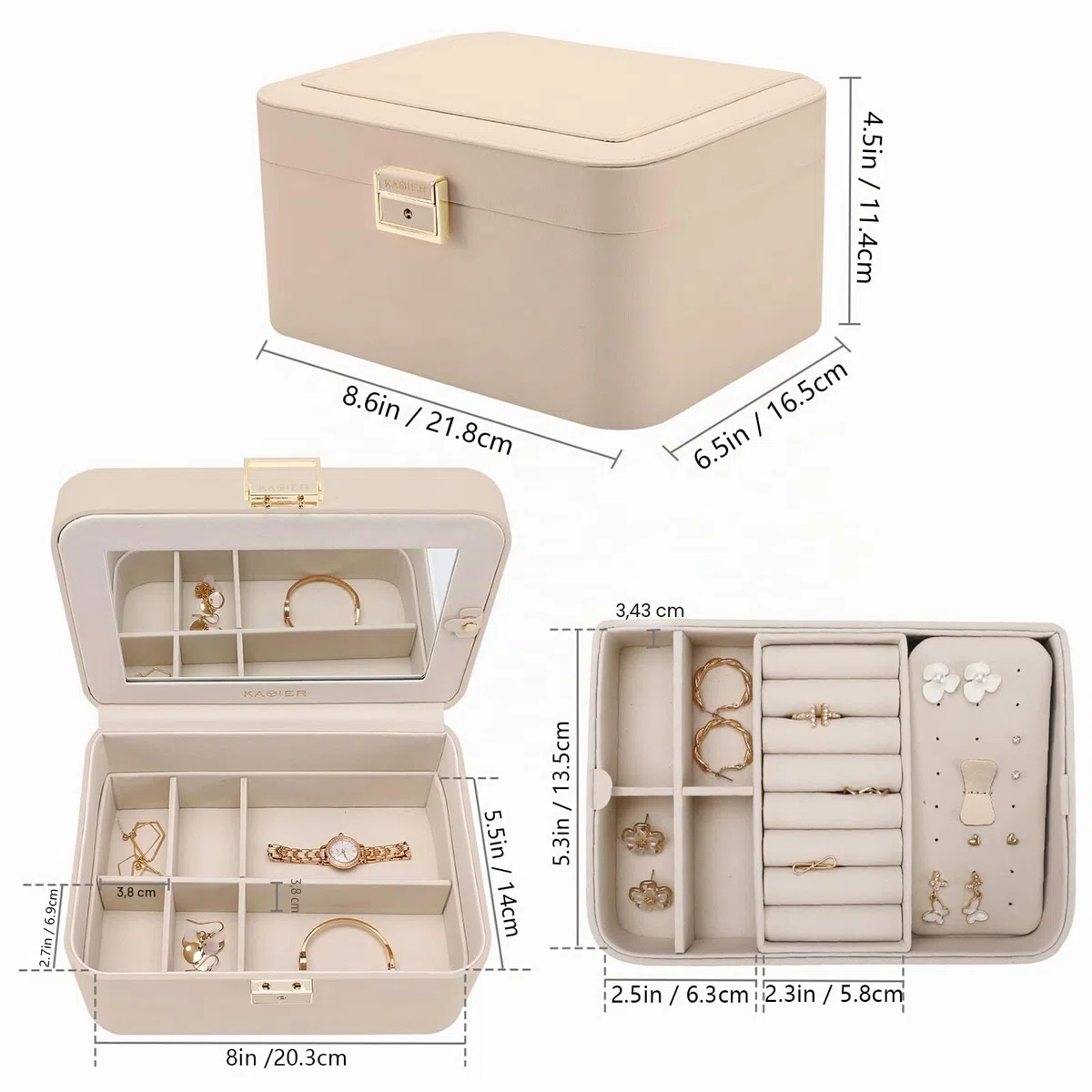 Joyero mejorado, organizador de joyas de piel sintética de 2 capas para mujer con cerradura y espejo, gancho oculto para collar y divisor extraíble, joyero de viaje de gran capacidad, ideal para