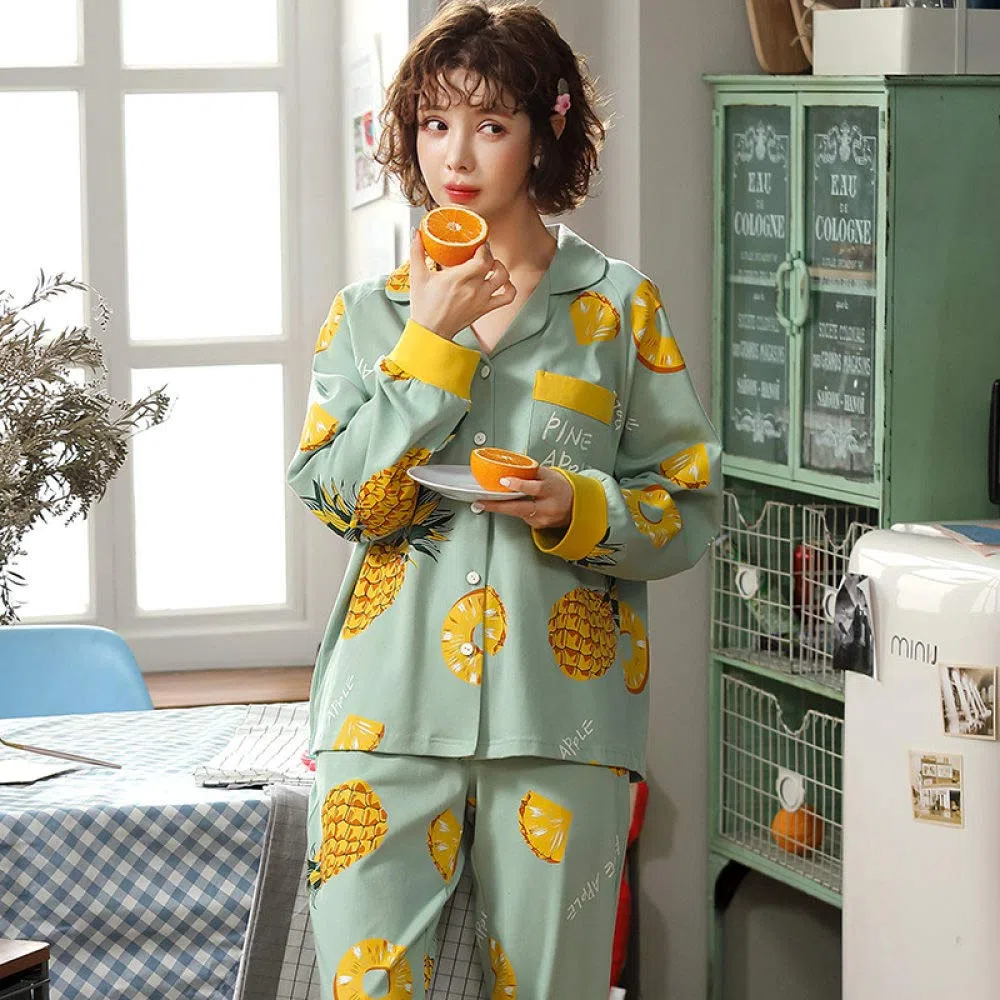 Conjunto De Pijamas De Mujer,Conjunto De Pijama De Manga Larga Algodón Estampado De Piña Lindo Botones Ropa De Dormir Tops & Bottom Pjs Set Nightwear Loungewear Para Todas Las Estaciones, Verde, 3Xl
