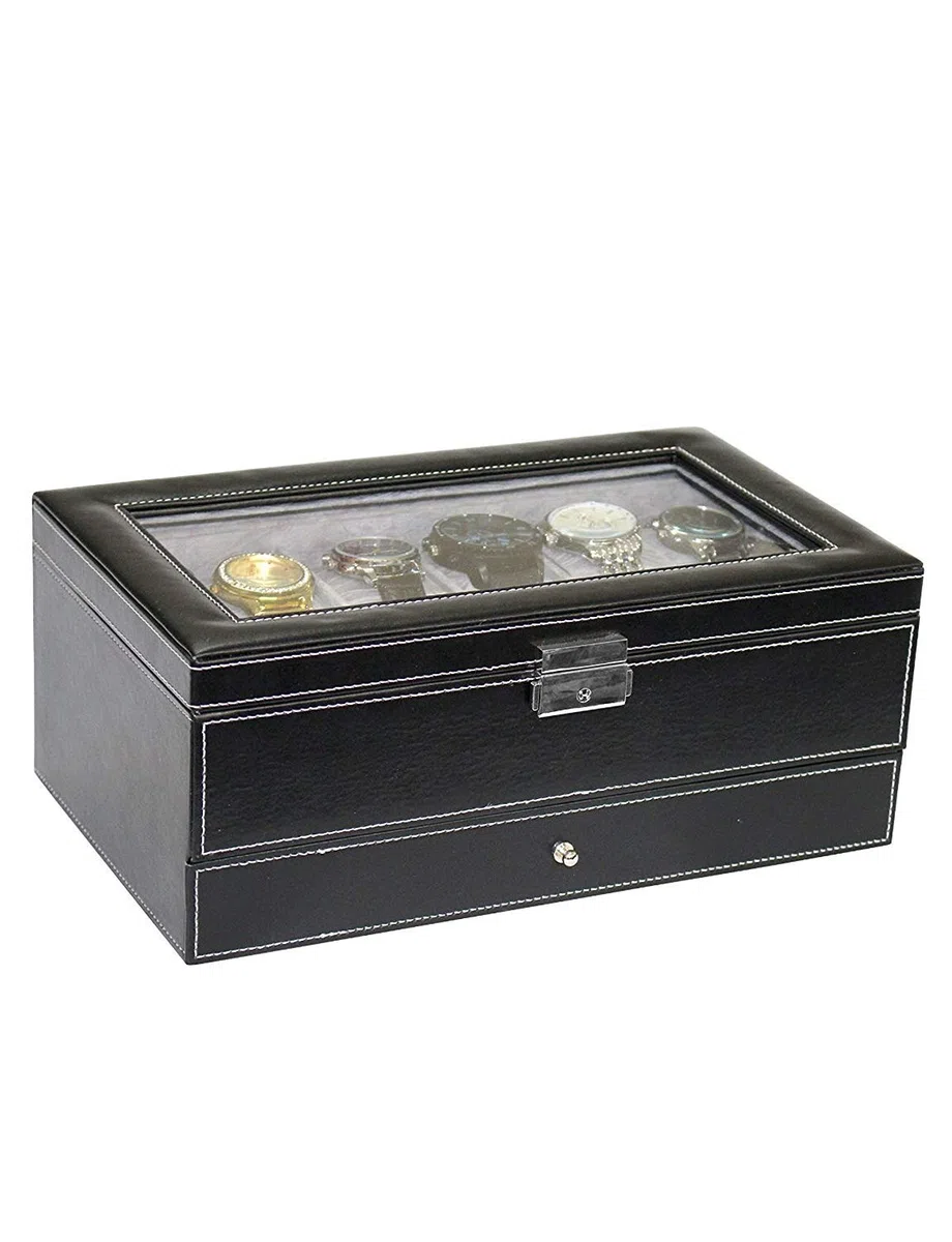 AUTOARK Caja para de relojes con 12 Compartimientos,Cajón joyería con cerradura,Cuero sintético,Tapa de Vidrio,Negro,AW-001