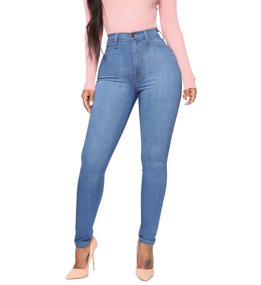 KUNMI - Vaqueros clásicos de cintura alta para mujer, ajustados, elásticos, con levantamiento de glúteos, pantalones vaqueros ajustados, Azul, Medium