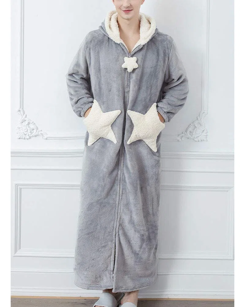 Mujer/Hombre cálida en forma de estrella/luna Albornoz Con capucha Fluffy Fleece Bata Longitud Entero Caliente Mullido Invierno Larga túnica Felpa Espesar con Cierre de Cremallera
