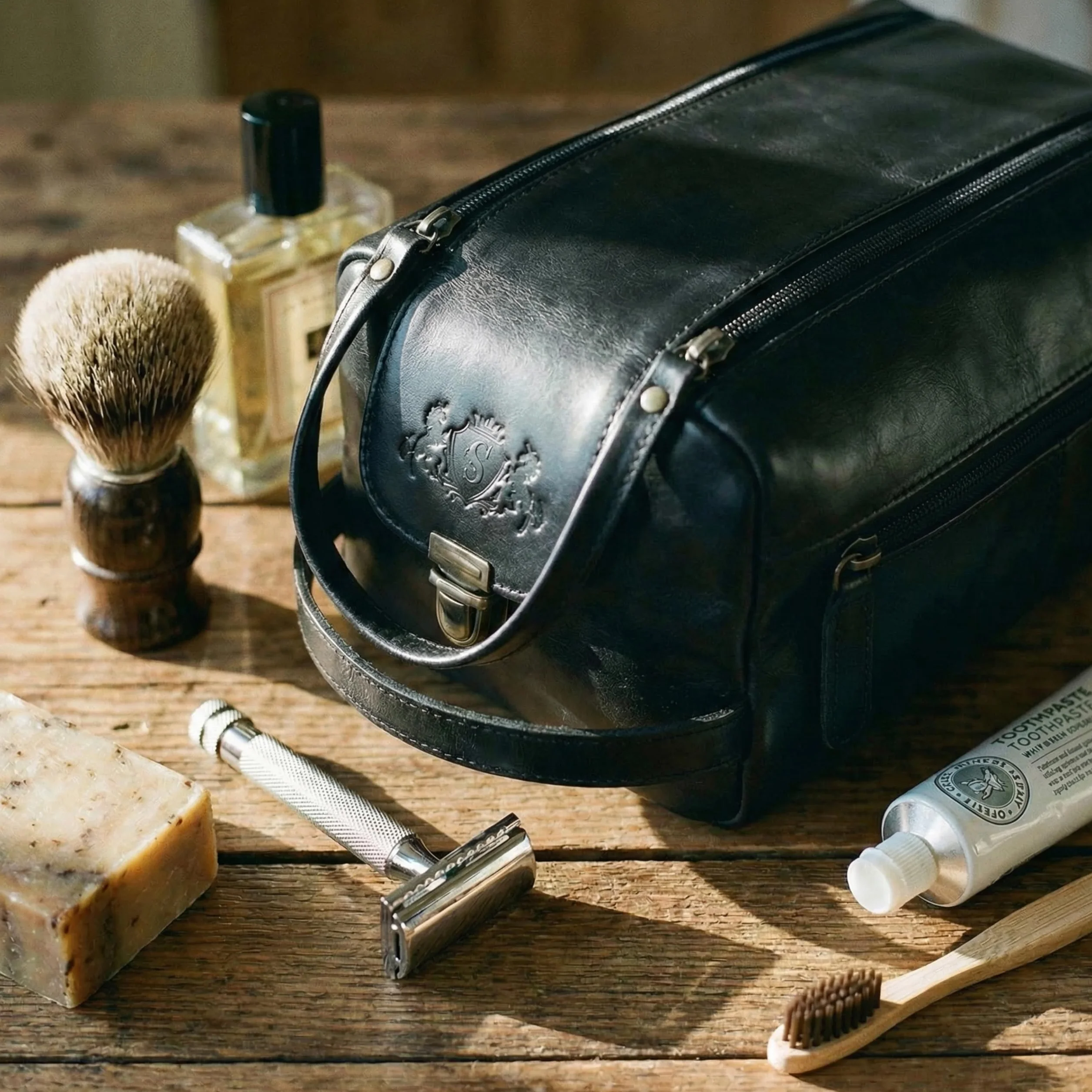 SID & VAIN Neceser Hombre Grande Cuero I Neceseres de Viaje I Bolsa de Aseo Bristol Negro Hecho a Mano