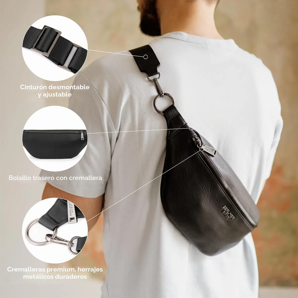 Berliner Bags Mona XL Riñonera y Bolso Bandolera de Piel Auténtica Unisex, con Cremallera YKK, Correa Ajustable y Diseño Compacto para Viajes y Uso Diario – Negro