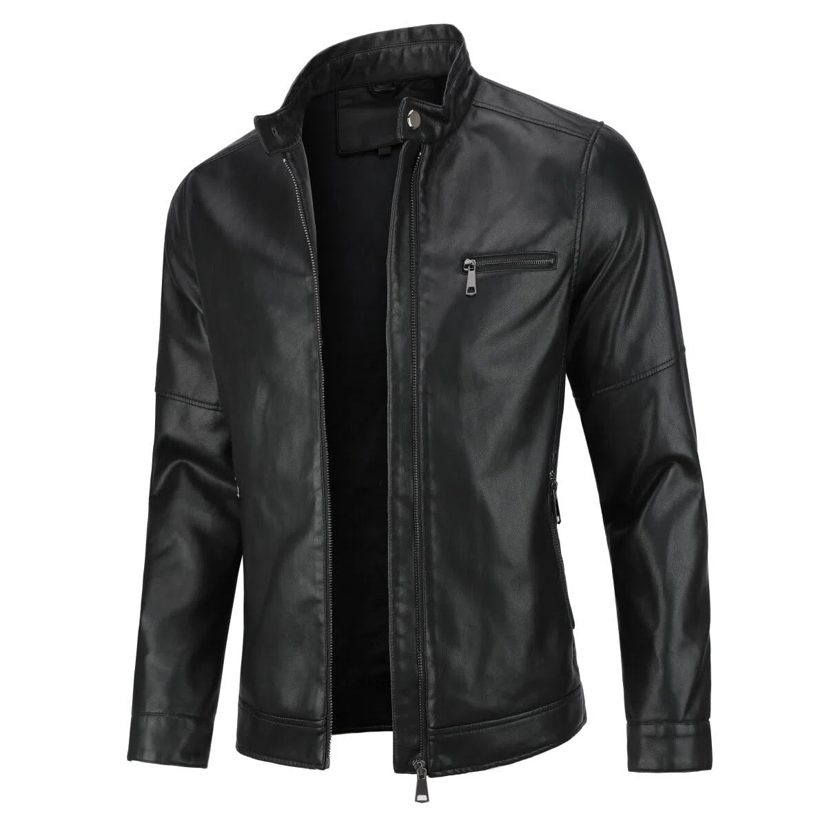 Sliktaa - Chaqueta de cuero sintético para hombre, ecológica, de invierno, de cuello alto, de entretiempo, acolchada, tipo motero, piloto, con cremallera, informal, moderna, clásica