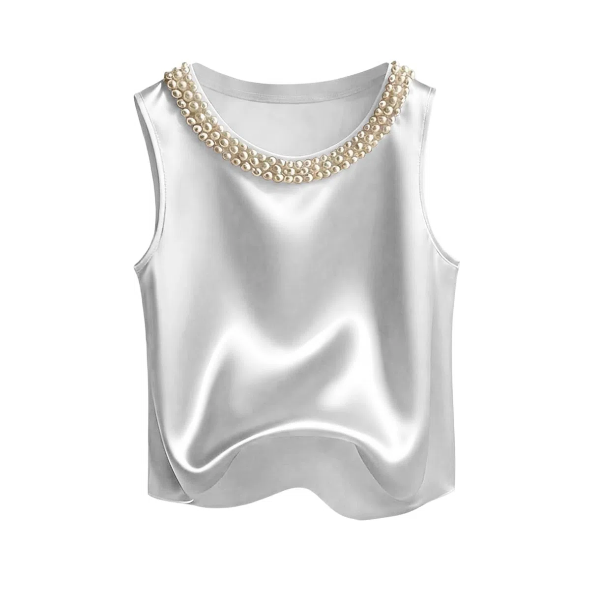 Camiseta de manga corta para mujer, de satén, sin mangas, cuello redondo, informal, para salir, con estampado