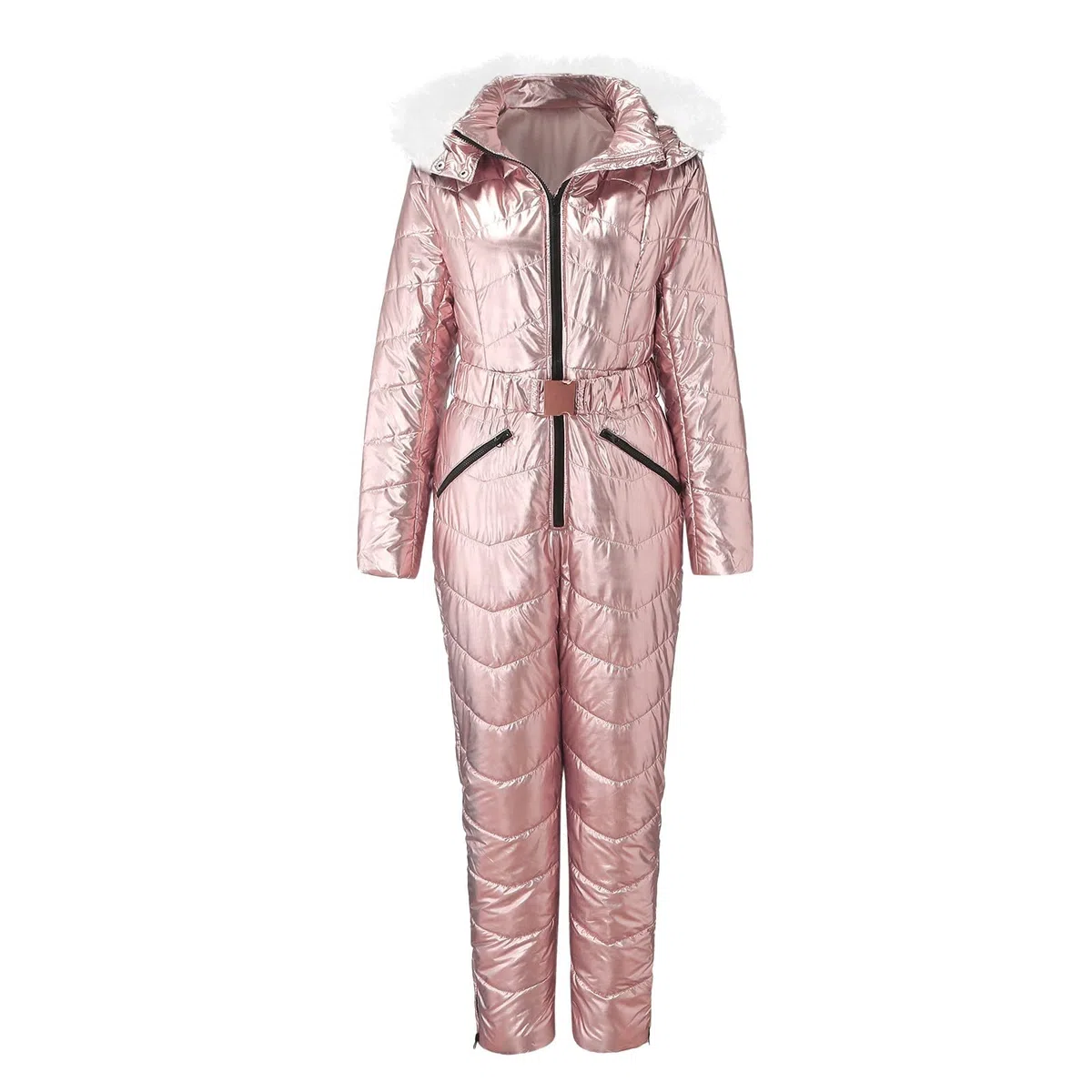 Traje de esquí metálico brillante para mujer, overol de nieve de invierno de alto brillo con capucha de piel sintética desmontable, equipo de esquí impermeable y resistente al viento, traje de esquí
