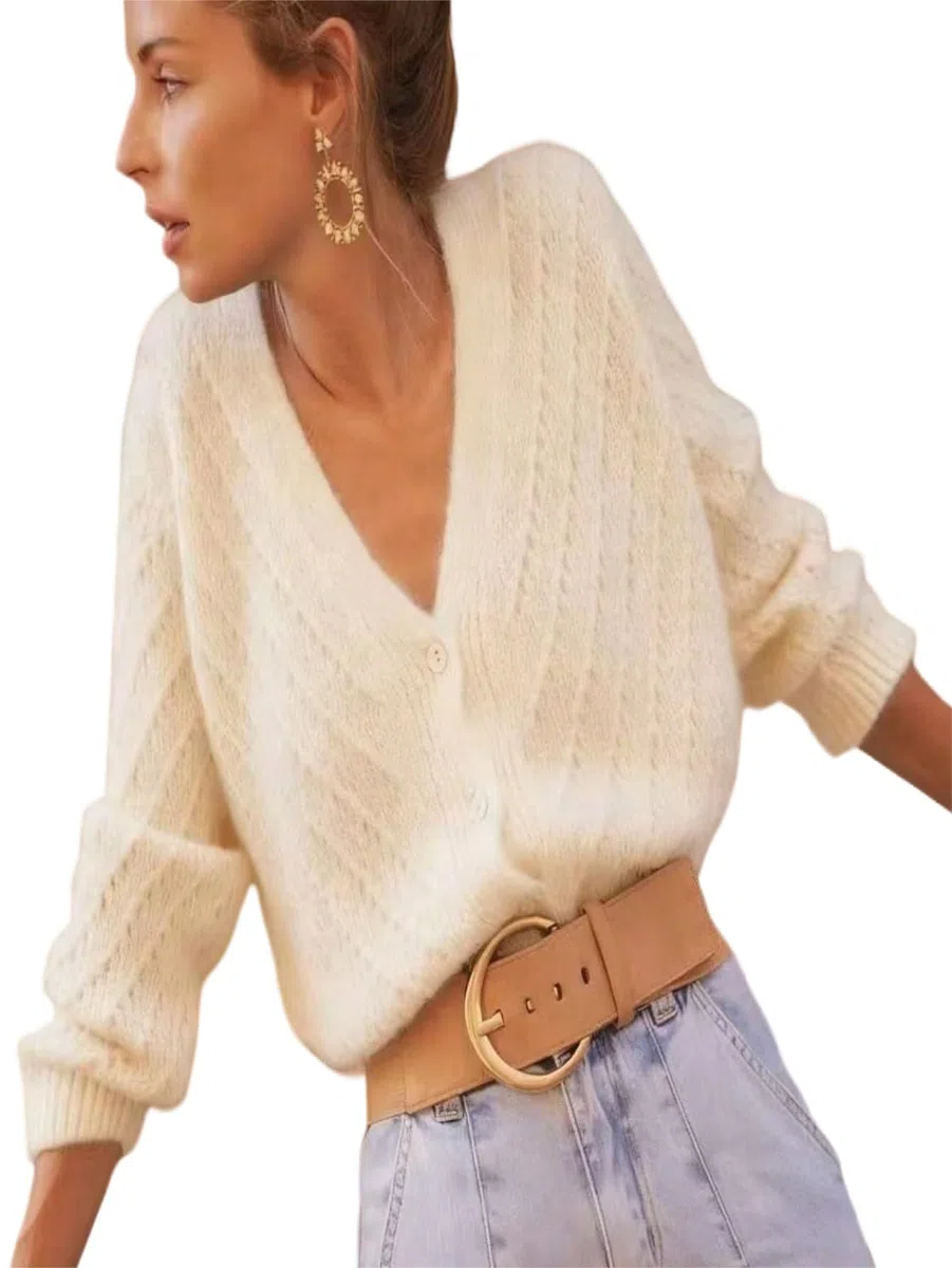 GORGLITTER Chaqueta de punto de manga larga para mujer, elegante, cuello en V, cárdigan para el tiempo libre, chaqueta suelta, ropa de otoño