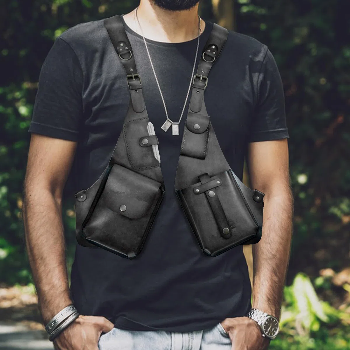 Arnés antirrobo para hombre de piel, arnés antirrobo de piel, bolso de hombro medieval con antebrazo, funda para teléfono móvil para hombres y mujeres, cartera ajustable de piel sintética