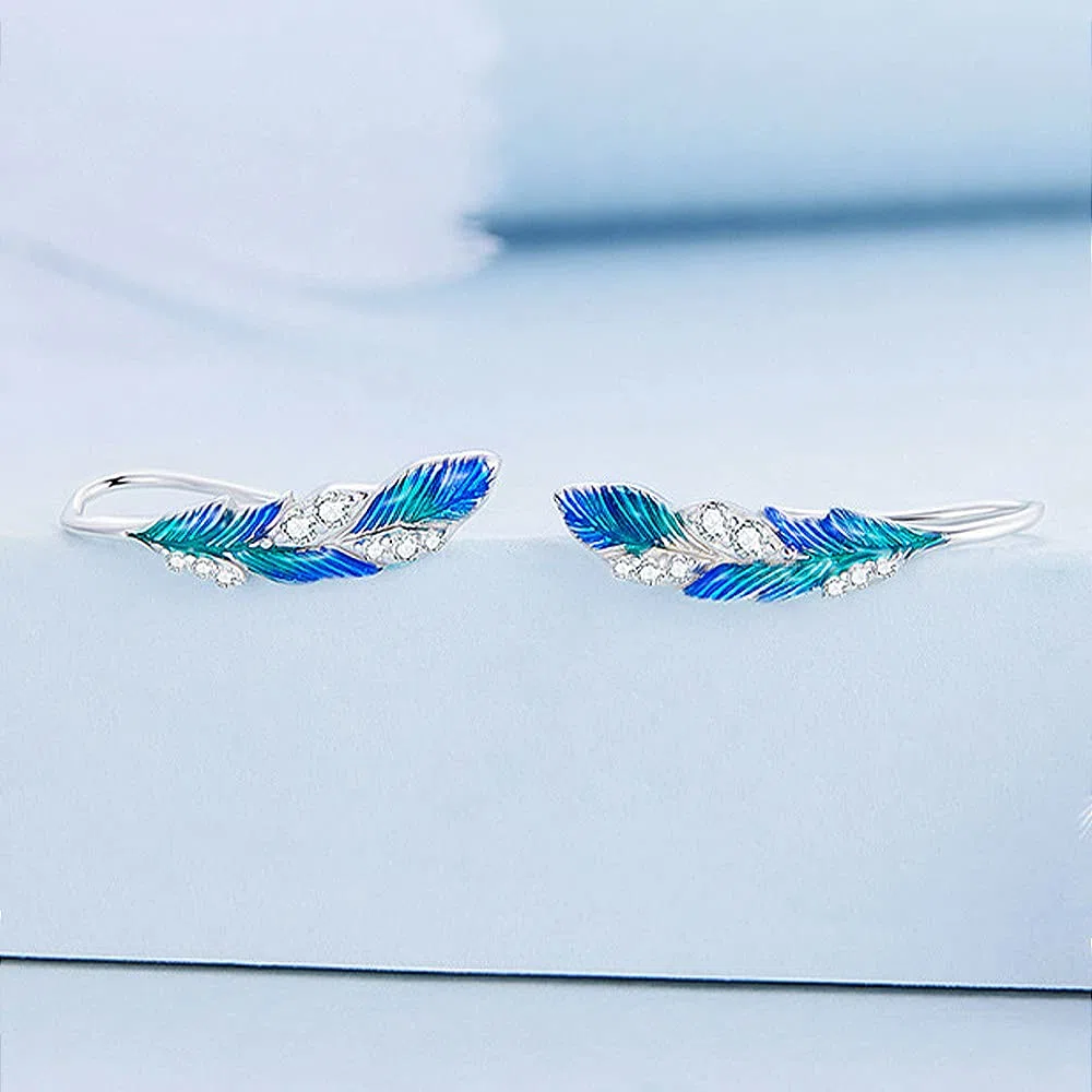 Juego de joyas de plata de ley 925 con diseño de plumas bohemias, esmalte azul, anillo de plumas y aretes de plumas para mujer
