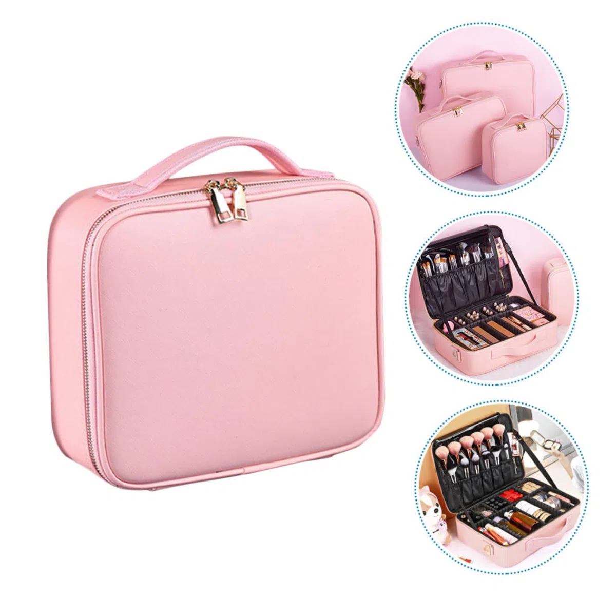 Neceser Maquillaje Mediano con Compartimentos Ajustables Bolsa Cosméticos Viaje Portátil para Mujer Rosa PU