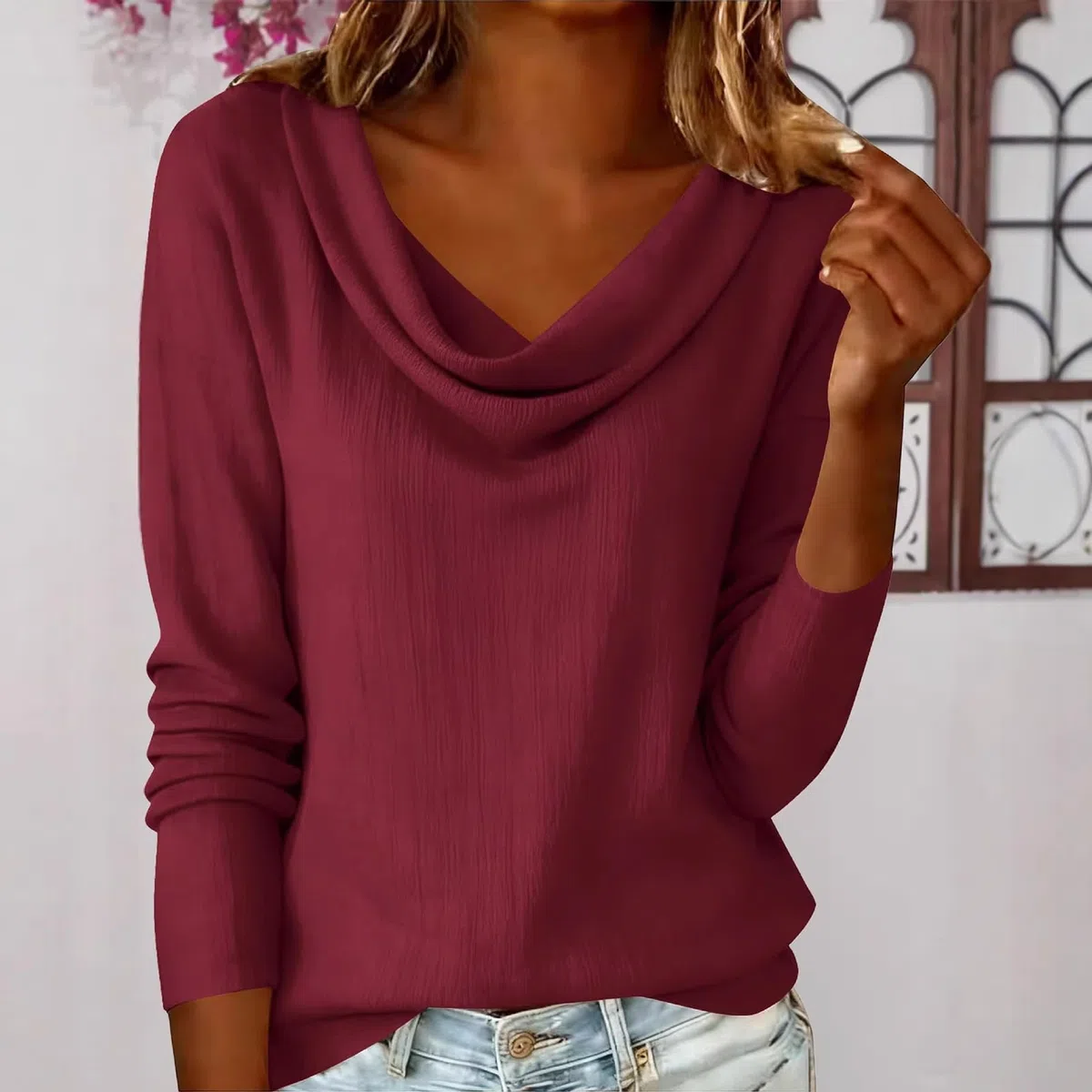 Blusa de manga larga para mujer, cuello vuelo, ajuste holgado, color puro, para ocio, trabajo, fiesta, vacaciones, oficina, uso casual