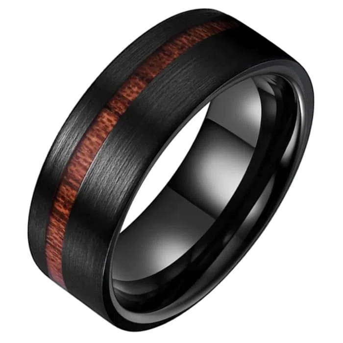 Tom Jaxon Anillo para hombre Tungsteno Mate Negro Madera Ranura-22mm