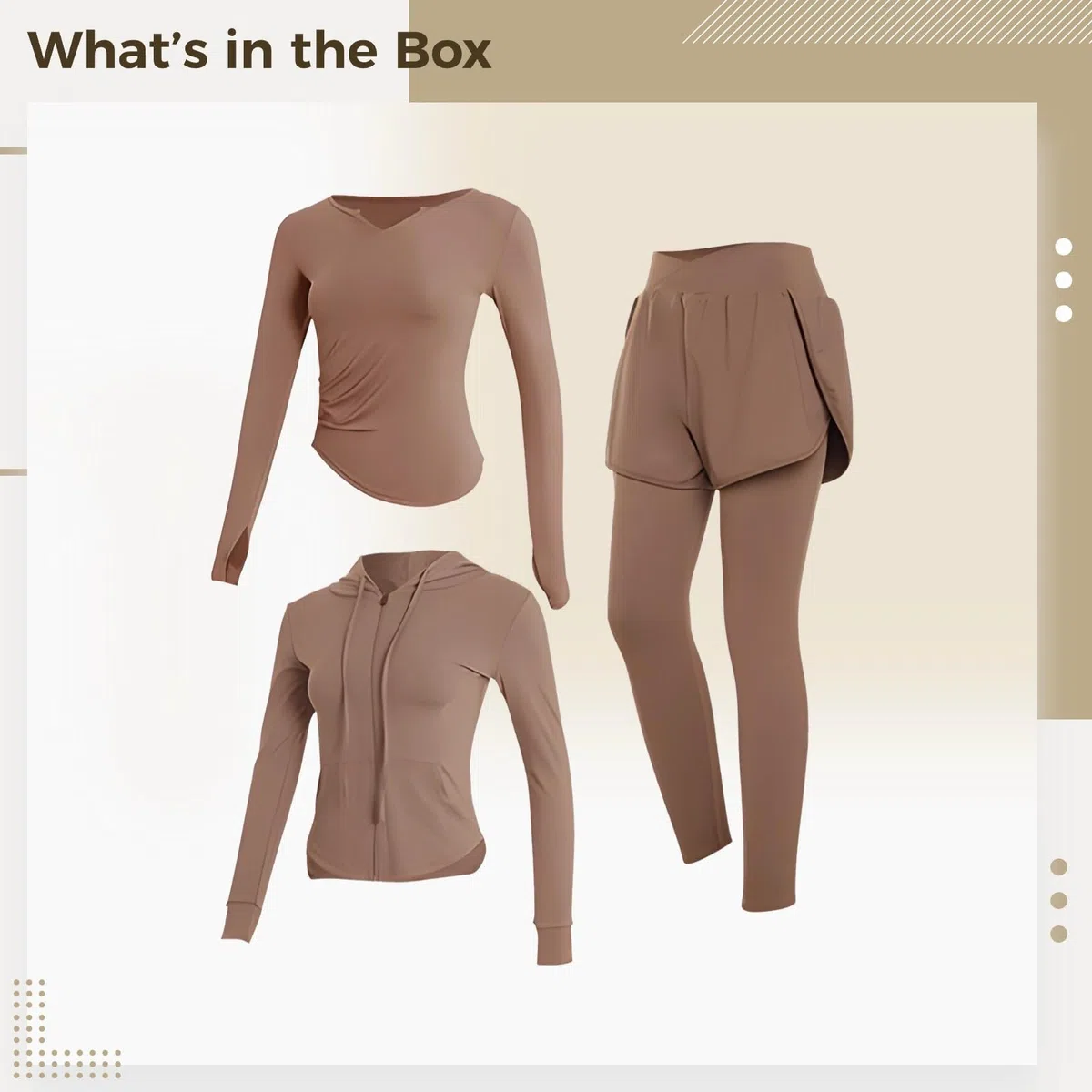 Conjunto de ropa deportiva de 3 piezas para mujer, chaqueta, leggings y pantalones cortos, tela elástica, transpirable, no hace bolitas, ideal para fitness diario, marrón, Talla única