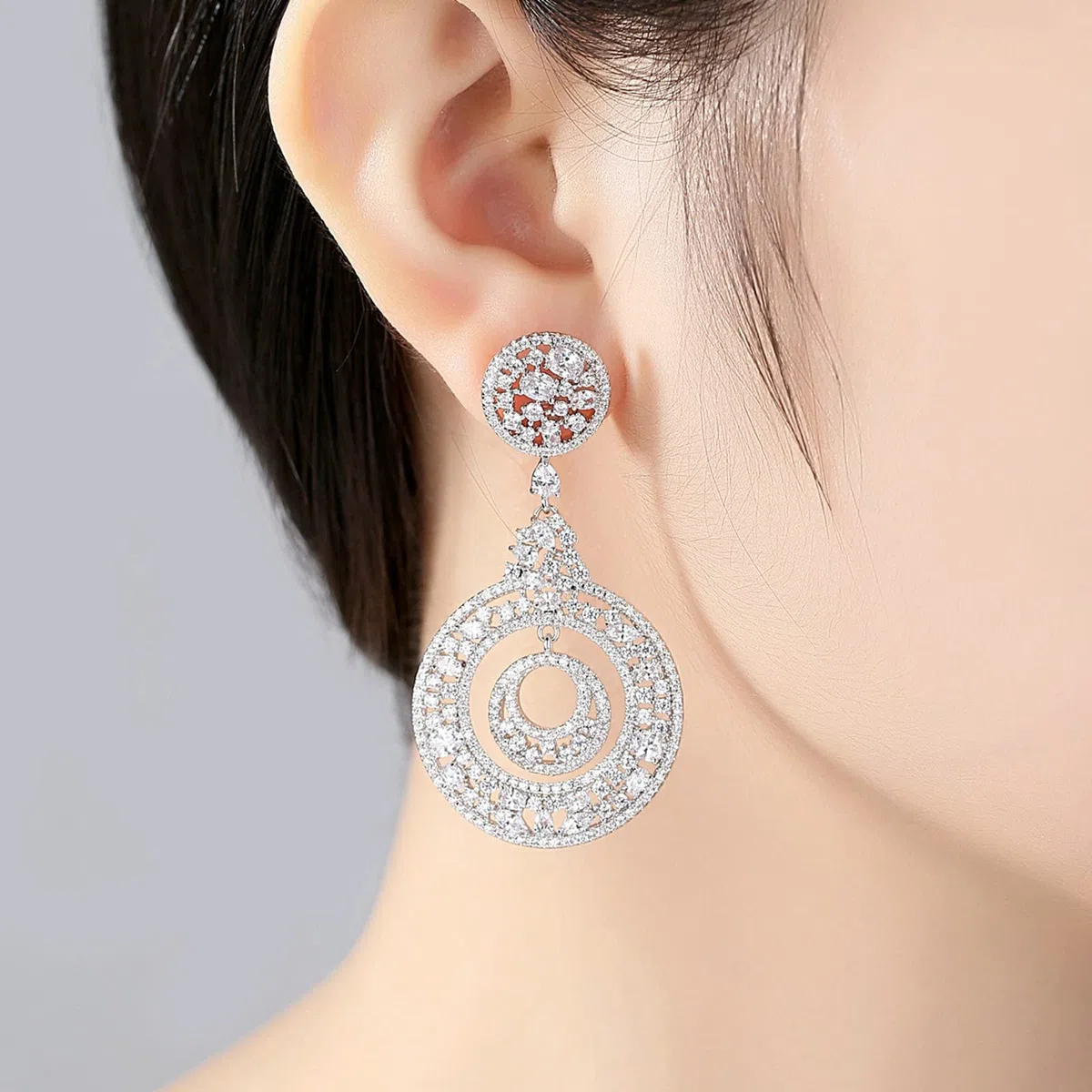 KnSam Pendientes de mujer, de oro, pendientes para niña, doble redondo con circonita cúbica, cobre, pendientes para mujer o niña, color blanco y oro