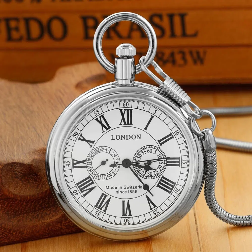 Reloj de bolsillo mecánico de acero inoxidable con diseño de tren de Londres, estilo vintage, con cadena