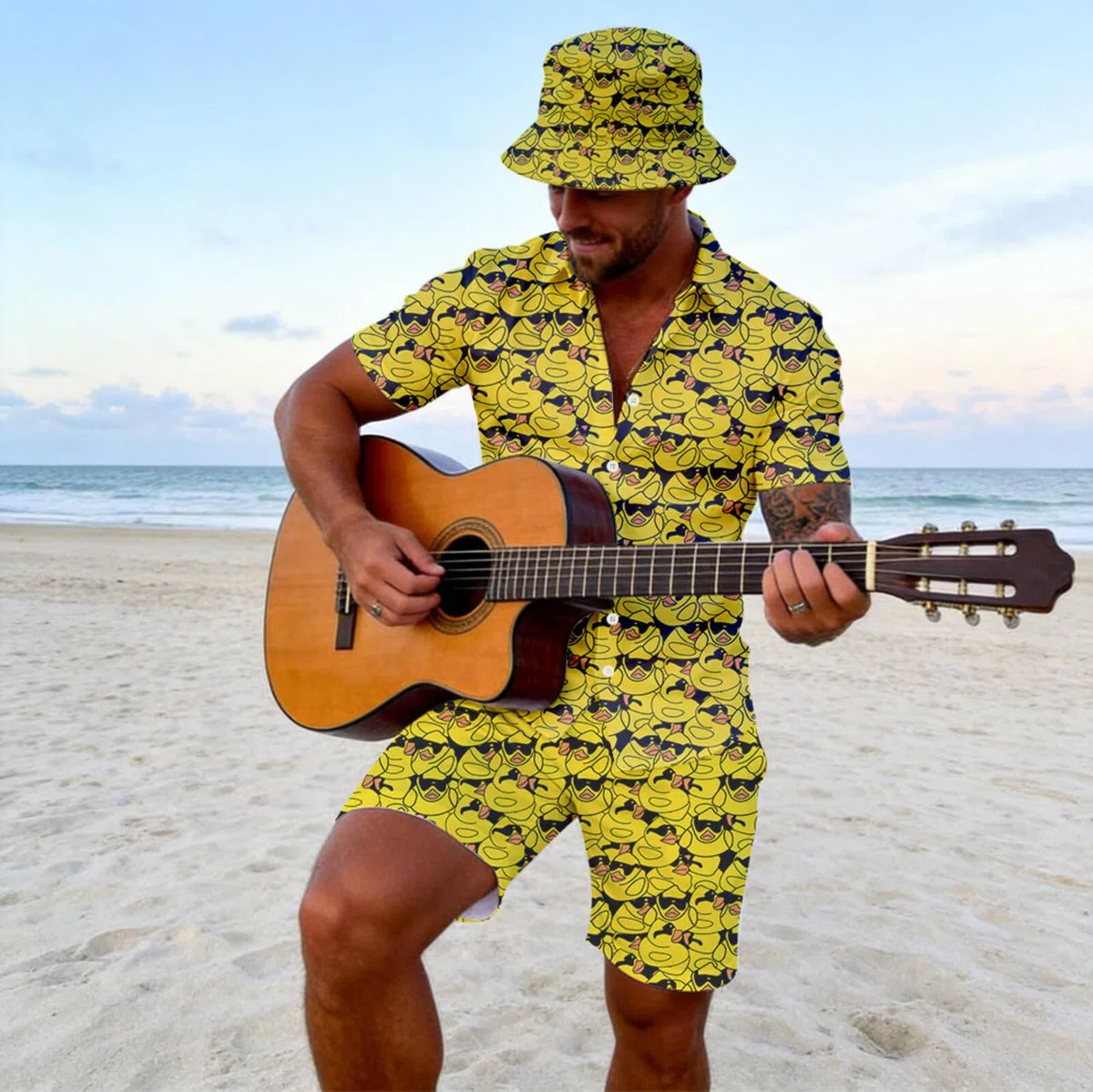 Conjunto de 2 piezas para hombre, camisa hawaiana con botones y pantalones cortos de compresión con sombreros de pescador