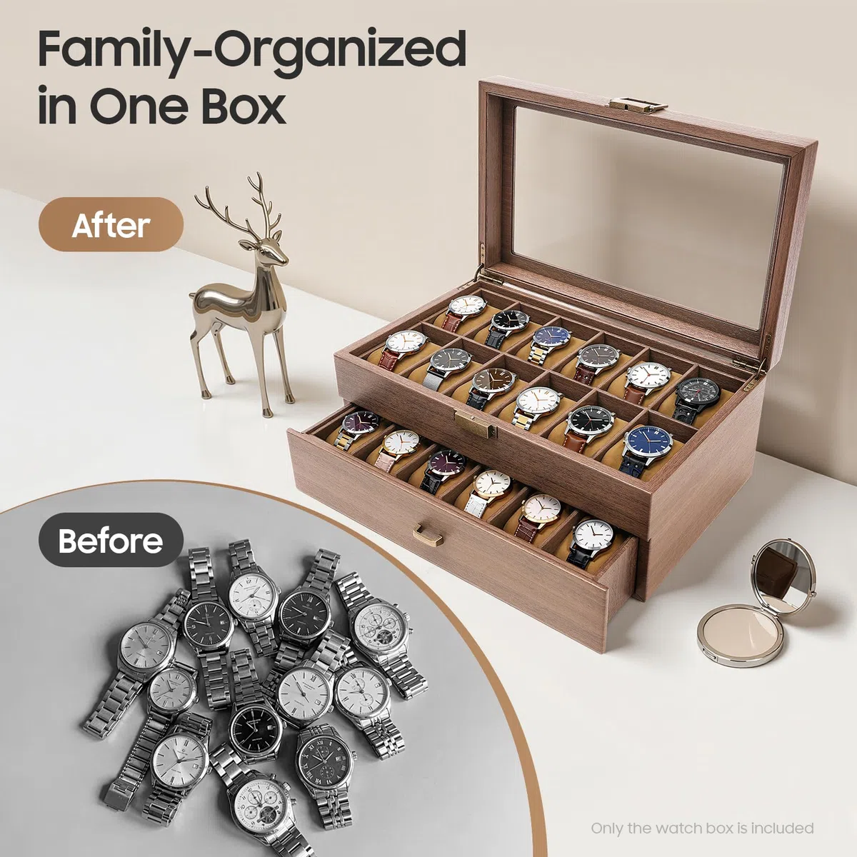 Caja de almacenamiento de relojes para hombre, dos compartimentos, 24 compartimentos, rectangular, 34 x 21 x 15 cm, 3,1 kg, para relojes, joyas y otros objetos de valor.