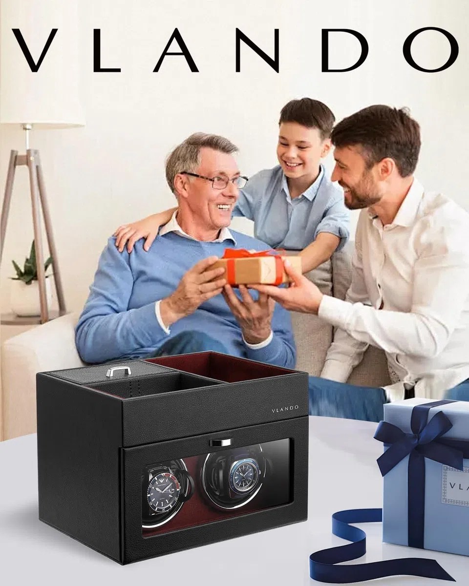 Vlando Vitrina Automática para 2 Relojes, Caja Giratoria de Cuero con Almacenamiento de Joyas, Motor Silencioso Japonés, Iluminación LED, Adaptador de Corriente Alterna, Caja de Movimiento de Relojes