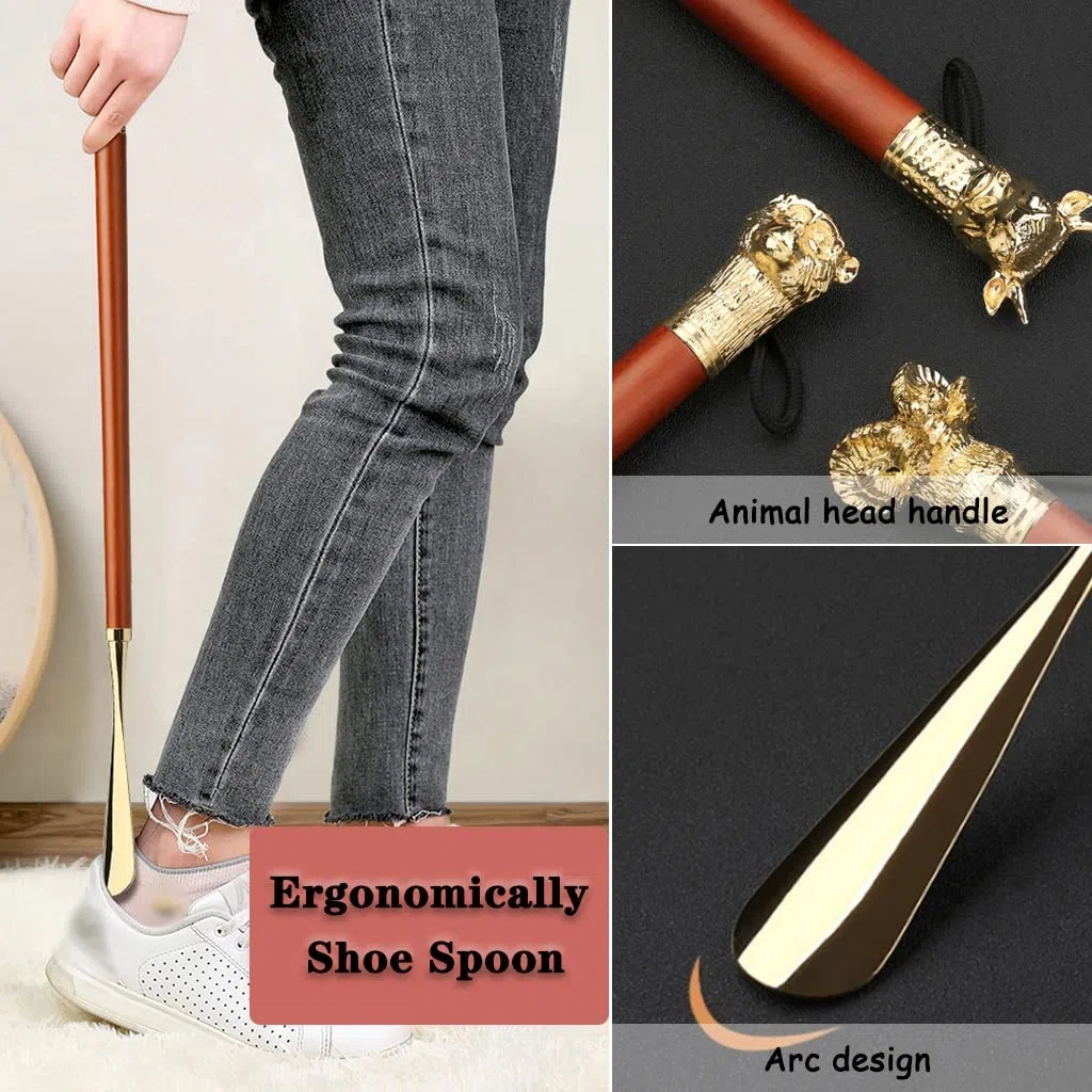 Calzador de mango largo para personas mayores, levantador de zapatos resistente de aleación de zinc con cabeza de animal, ligero ayudante de zapatos incluye bolsa de algodón, diseño de mono fácil de