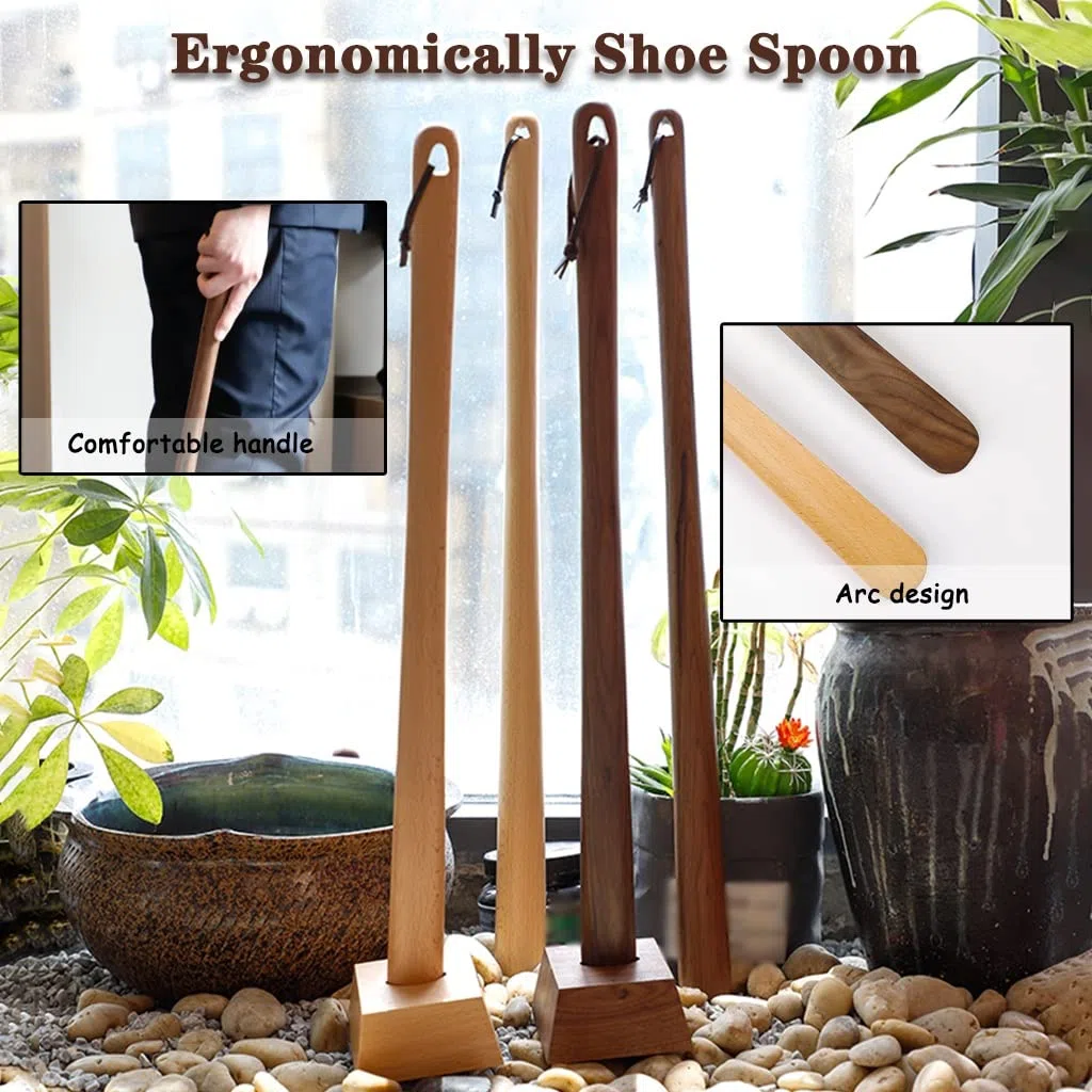 Calzador largo de madera de haya para zapatos, calzador duradero de nogal negro con base estable para un uso y extracción sin esfuerzo, varios