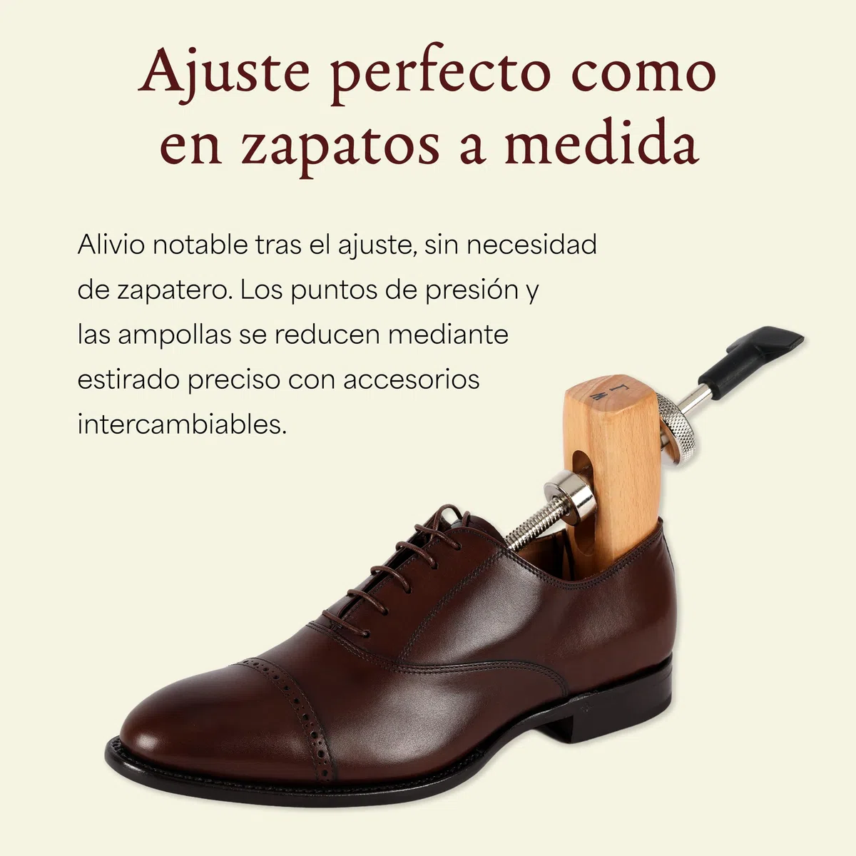 Langer & Messmer alargador de zapatos para hombre contra pellizcos en zapatos o botas - de madera maciza de haya y mecanismo metálico - se estira a lo ancho y a lo largo incl. spray alargador de cuero