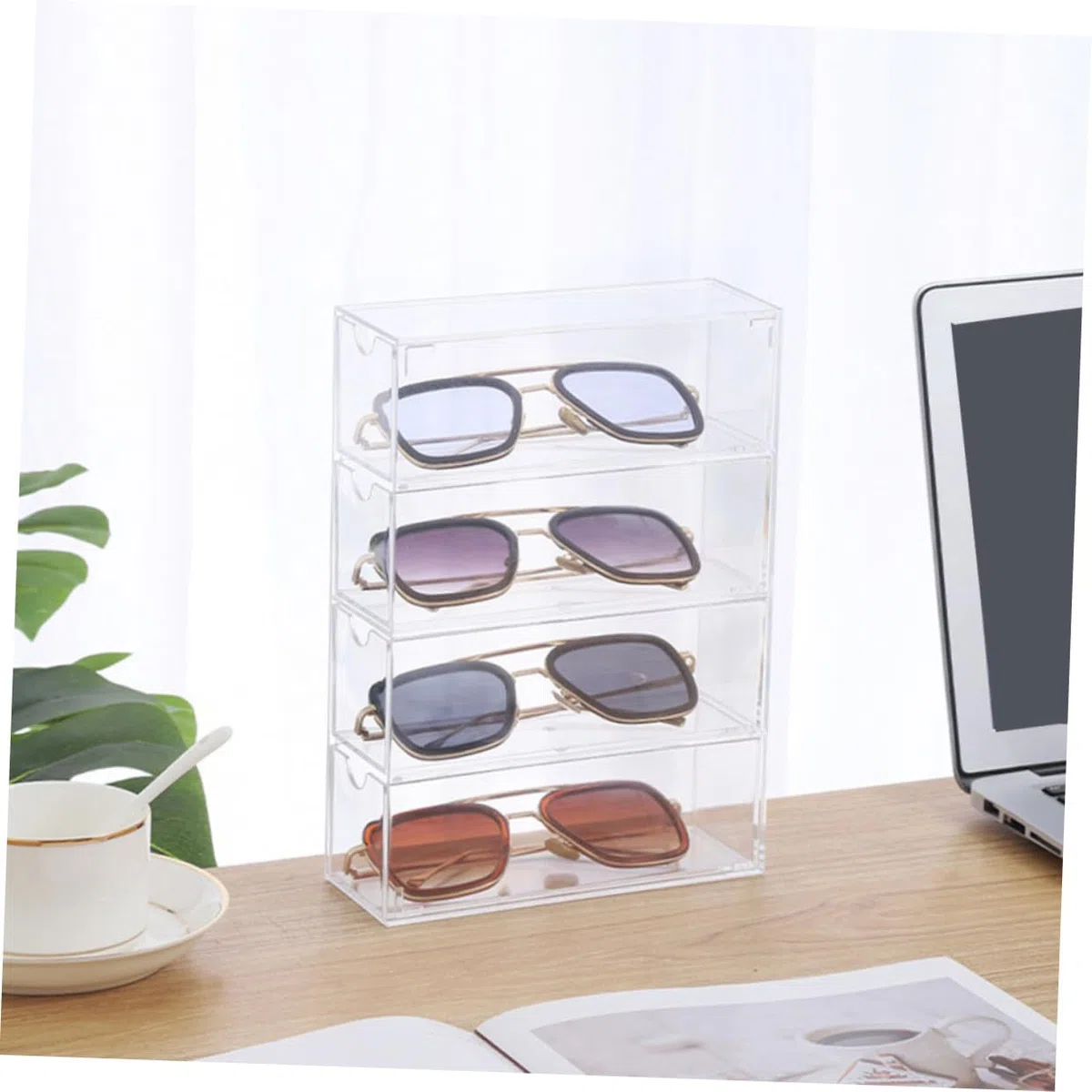 Estuche para Gafas de Sol y Graduadas de Acrílico Transparente Caja de Almacenamiento Multicapa 4 Cajones Set de 2 Unidades Organizador Compacto para Hogar y Ópticas