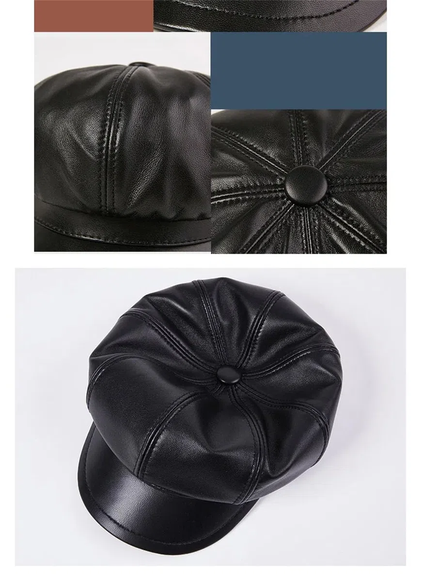 Gorra de piel auténtica para mujer, estilo vintage, de piel de oveja, estilo panadero, octogonal, para invierno