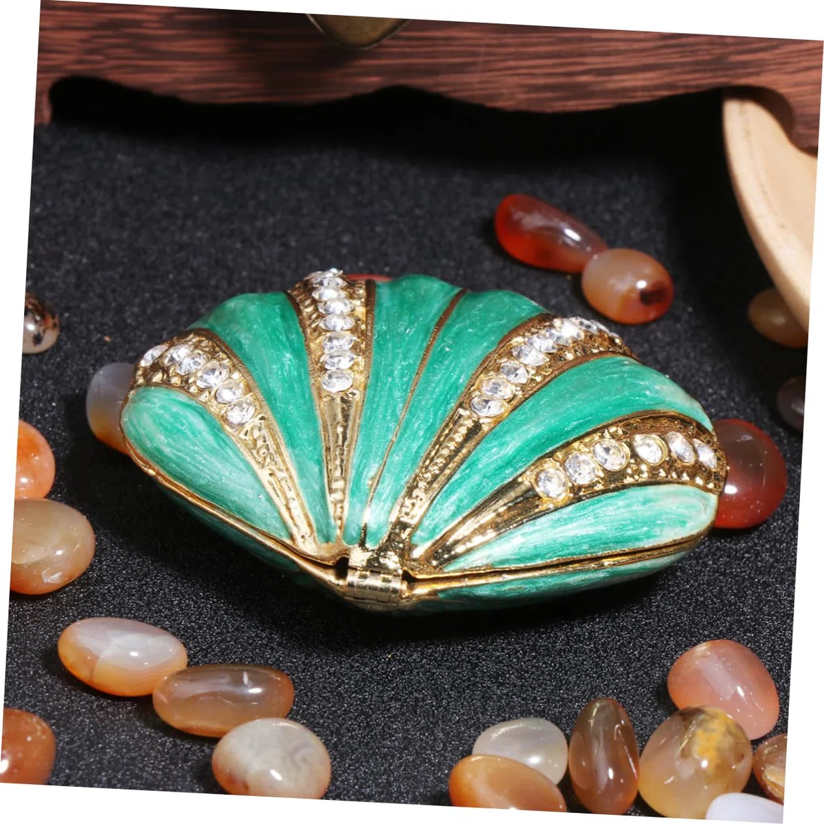 2piezas Caja De Joyería De Aleación De Enamel Forma De Concha Retro Organizador De Anillos y Accesorios Almacenamiento Compacto Para Mujeres Verde