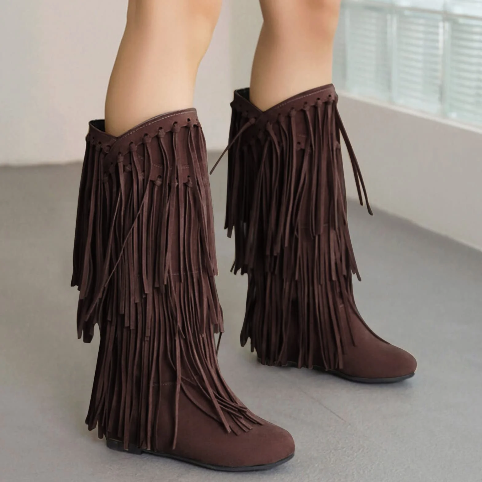 Botines Elegantes Botas De Vaquero Redondas Botas De Vaquero De Las Mujeres Con Flecos
