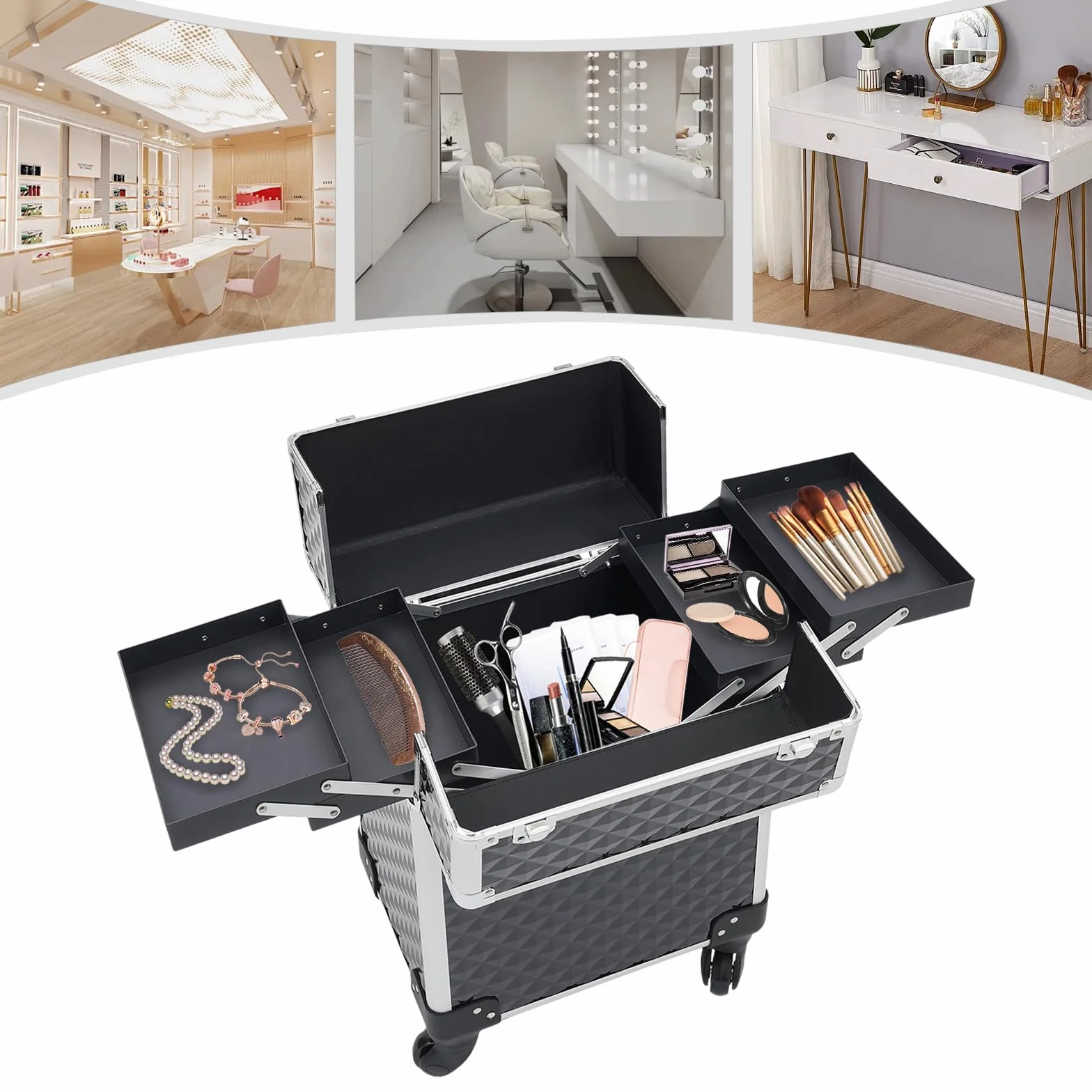 Maletín de maquillaje grande para cosméticos, rígido, estuche de maquillaje, con ruedas, multifuncional, grande, para uñas de maquillaje y artículos de peluquería