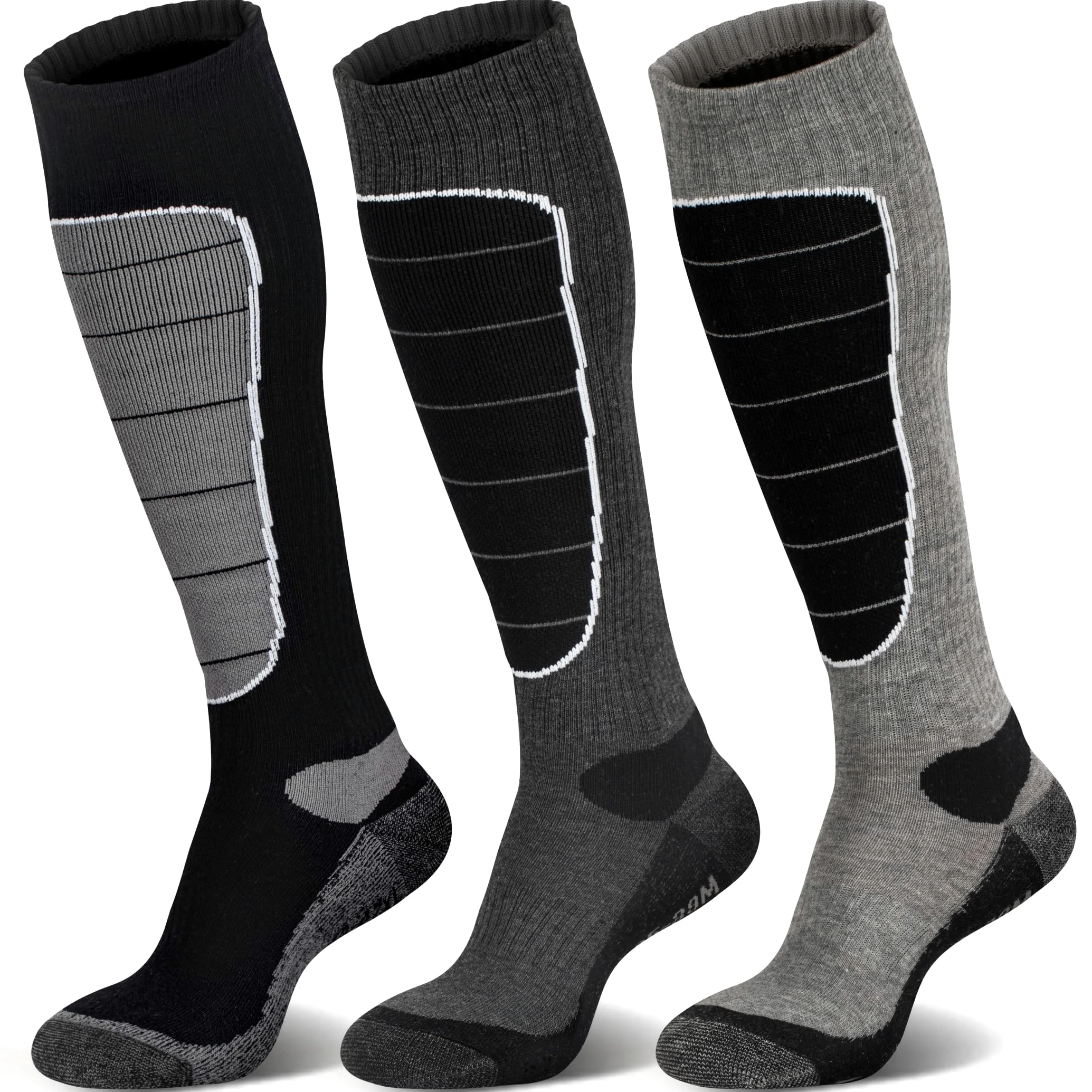 Calcetines de esquí de lana merino para snowboard, nieve, invierno, calcetines térmicos hasta la rodilla calientes, caza, deportes al aire libre (3 pares (gris negro)