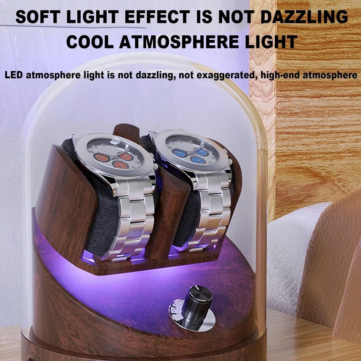 Reloj mecánico automático con pantalla giratoria con luz ambiental LED, ajuste de 5 velocidades, fuente de alimentación dual, para decoración