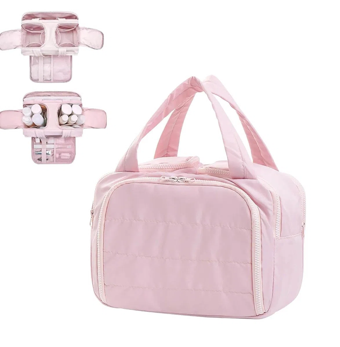 Organizador de maquillaje de viaje, bolsa de aseo de gran capacidad, bolsa de cosméticos ligera 4 en 1 con separación húmeda y seca, fácil de transportar para mujeres