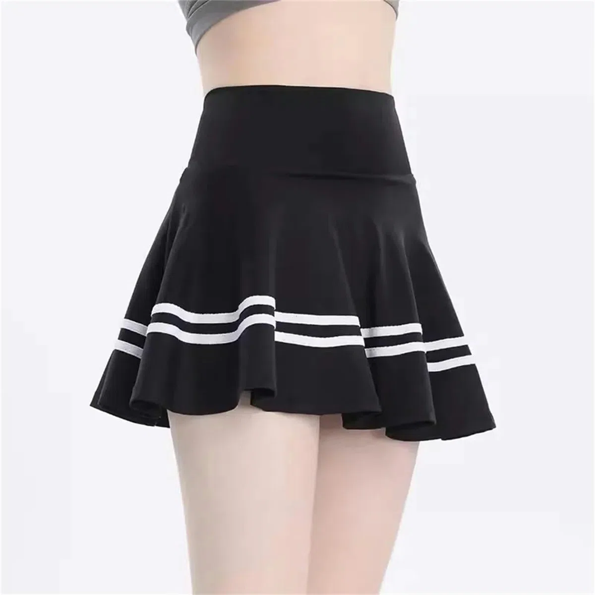 Falda Pantalones Cortos Deportivos De Verano Femeninos con Bolsas Laterales Incorporadas Y Faldas De Tenis Falsas De 2 Piezas De Cintura Alta-Negro-l