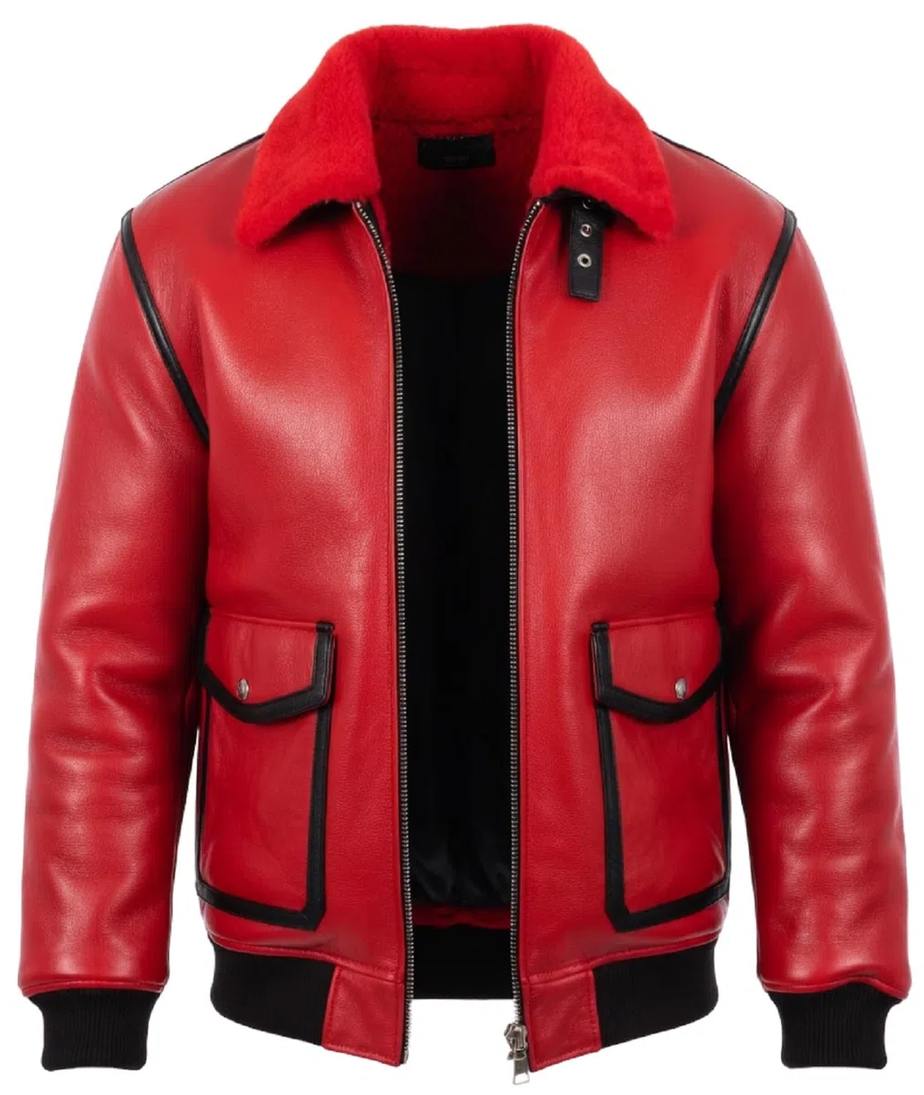 Chaqueta bomber de aviador de cuero rojo para hombre, cuello de piel sintética de oveja estilo B3