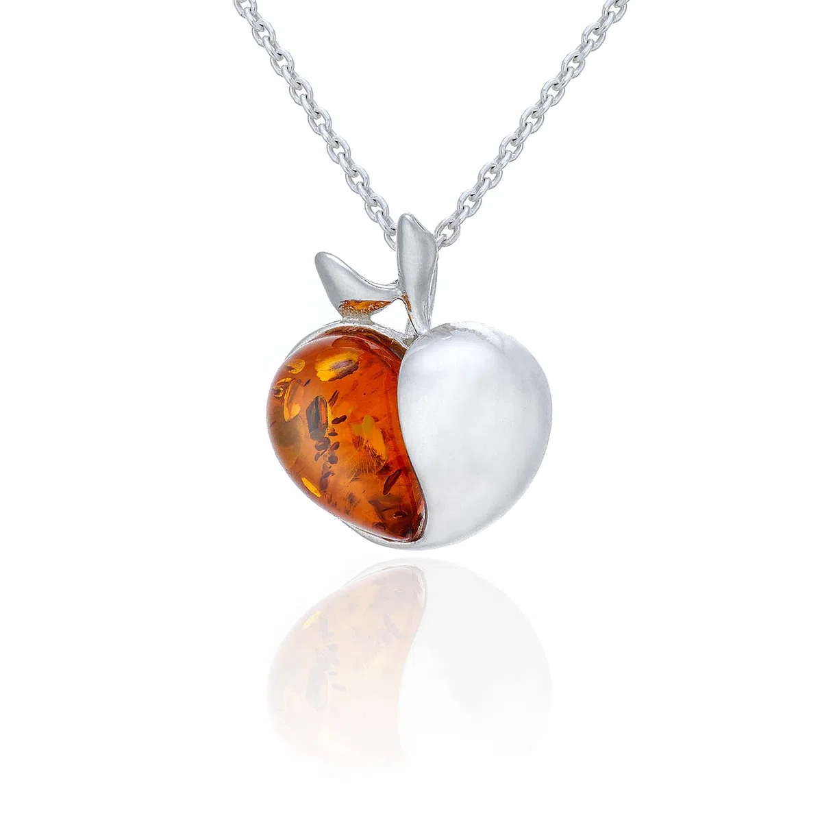 Collar pequeño de manzana para mujer con ámbar, plata de ley pulida, ámbar báltico en color coñac, colgante de plata con cadena, Plata esterlina, Ámbar