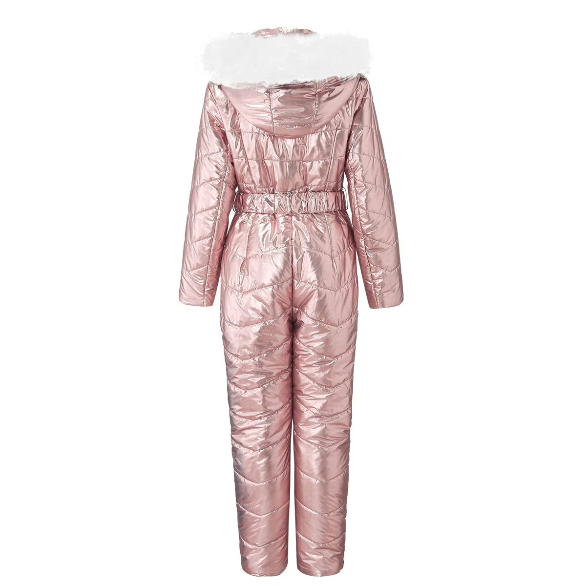 Traje de esquí metálico brillante para mujer, overol de nieve de invierno de alto brillo con capucha de piel sintética desmontable, equipo de esquí impermeable y resistente al viento, traje de esquí