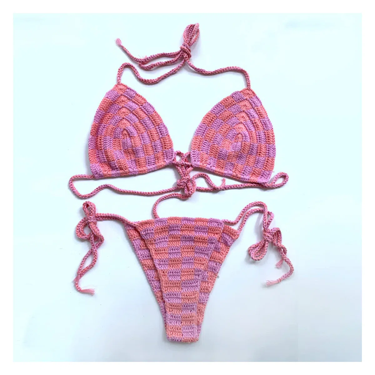 Conjunto De Bikini Rosa Traje De Baño De Copa Ajustable De Ganchillo Hecho A Mano Traje De Baño Sexy De Verano Sin Espalda Dividido Ropa De Playa Lencería