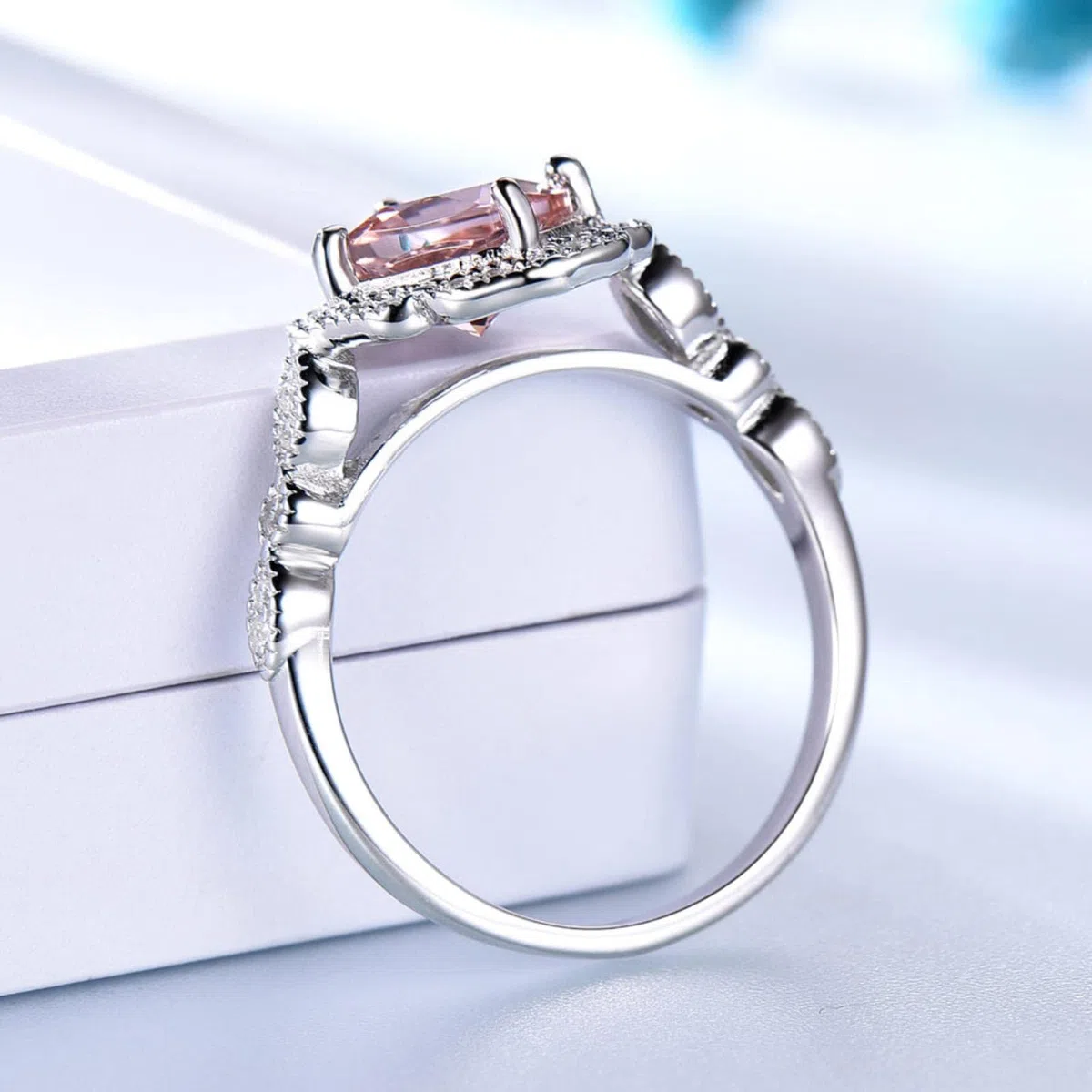 2 Unids/Set Creado Nano Morganite 925 Anillos De Plata Esterlina Encanto Flor Anillo De Plata Conjunto para Mujeres Joyería Fina