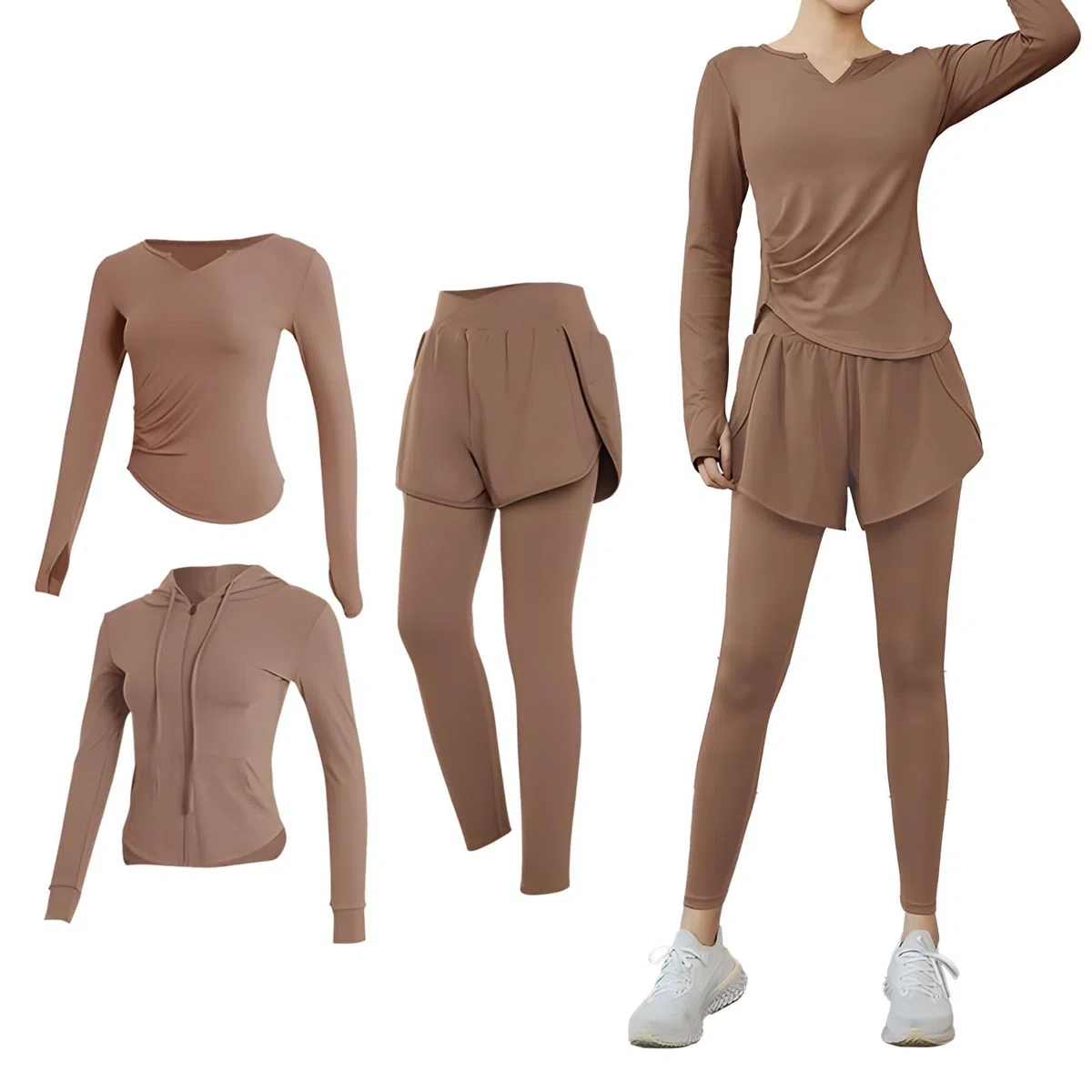 Conjunto de fitness de tres piezas para mujer, traje de entrenamiento XXL con chaqueta, pantalones cortos y leggings, tela transpirable antibolitas, ideal para yoga y gimnasio