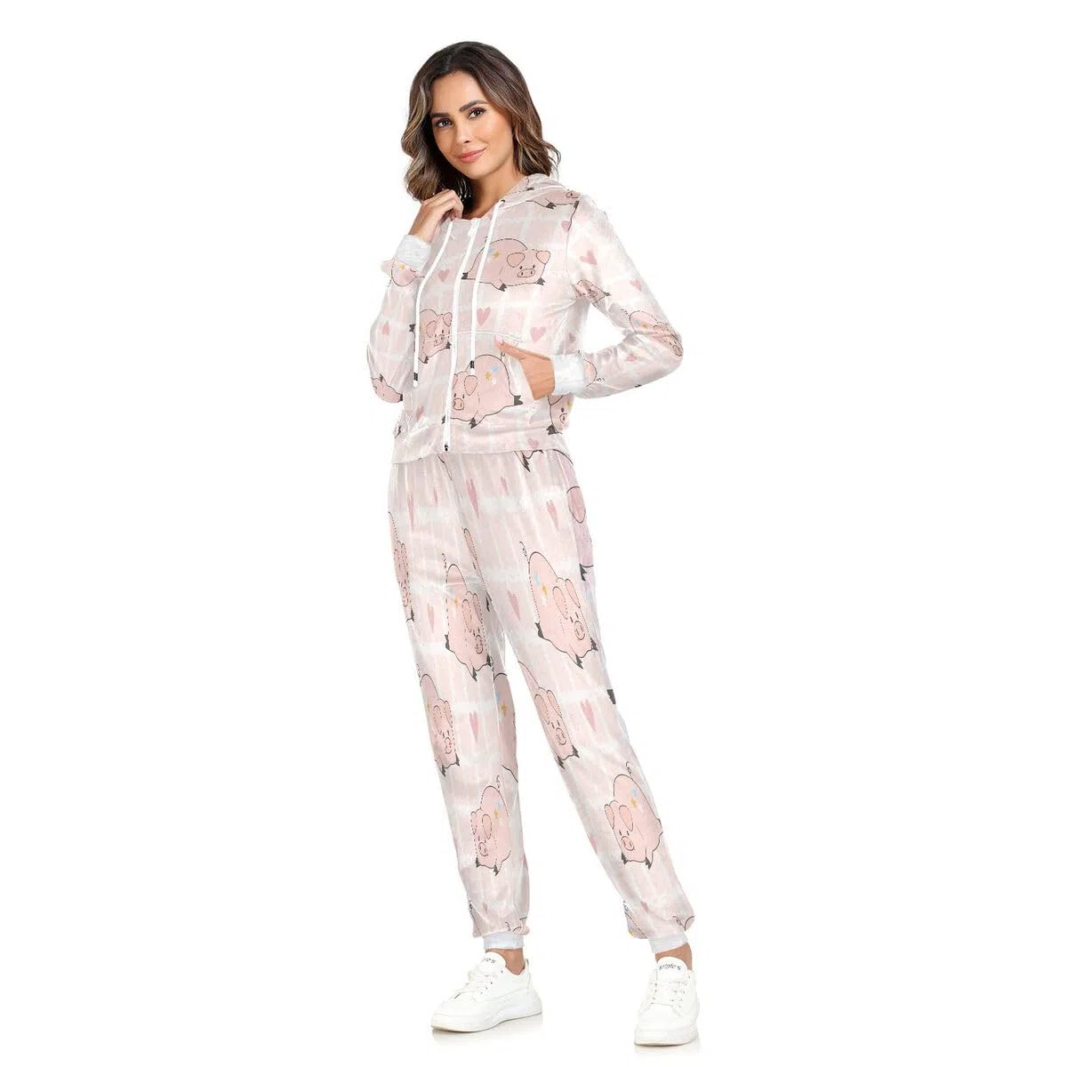 Conjunto deportivo de 2 piezas para mujer, diseño de corazones de cerdo rosa, manga larga, conjunto deportivo de animales de cerdo