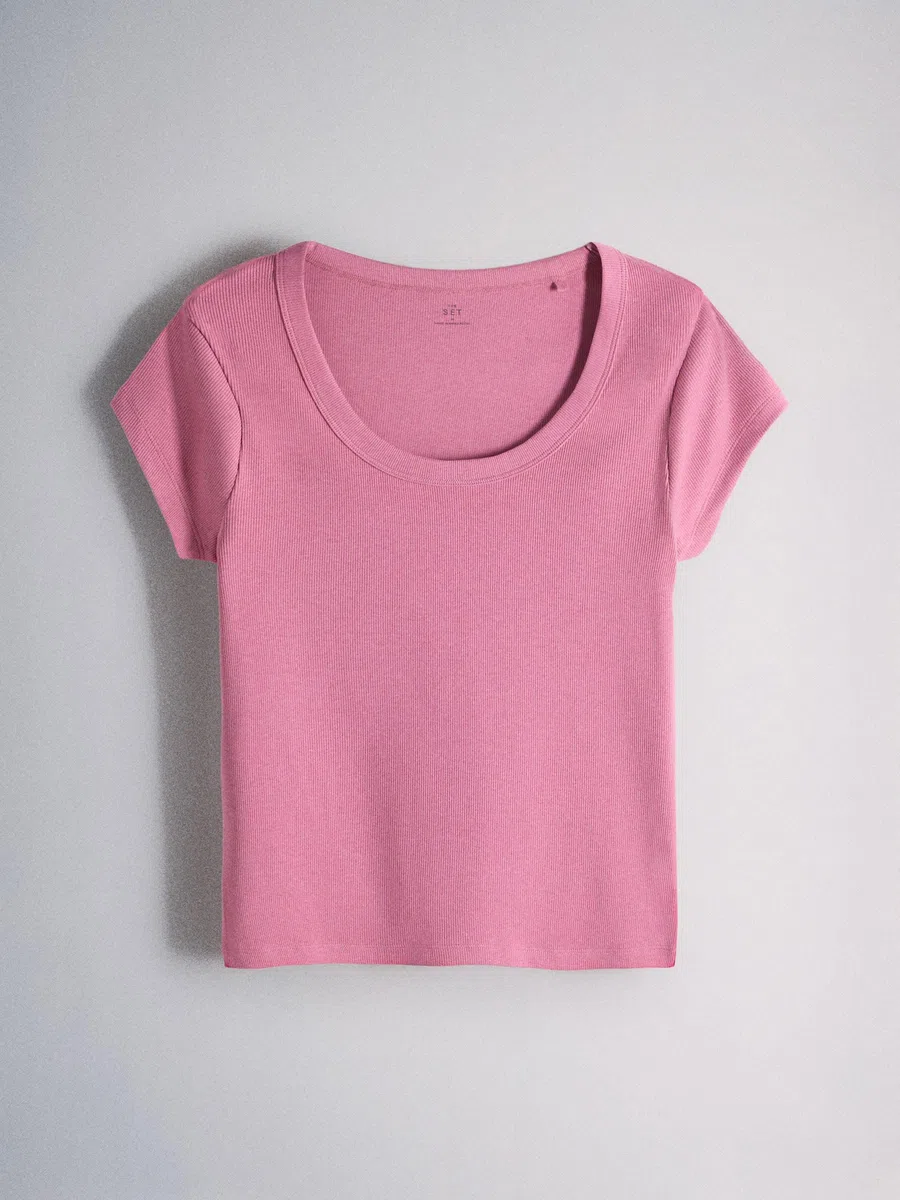 THE SET Mujeres Pack de 5 Camisetas de canalé con Mangas japonesas y Cuello Redondo