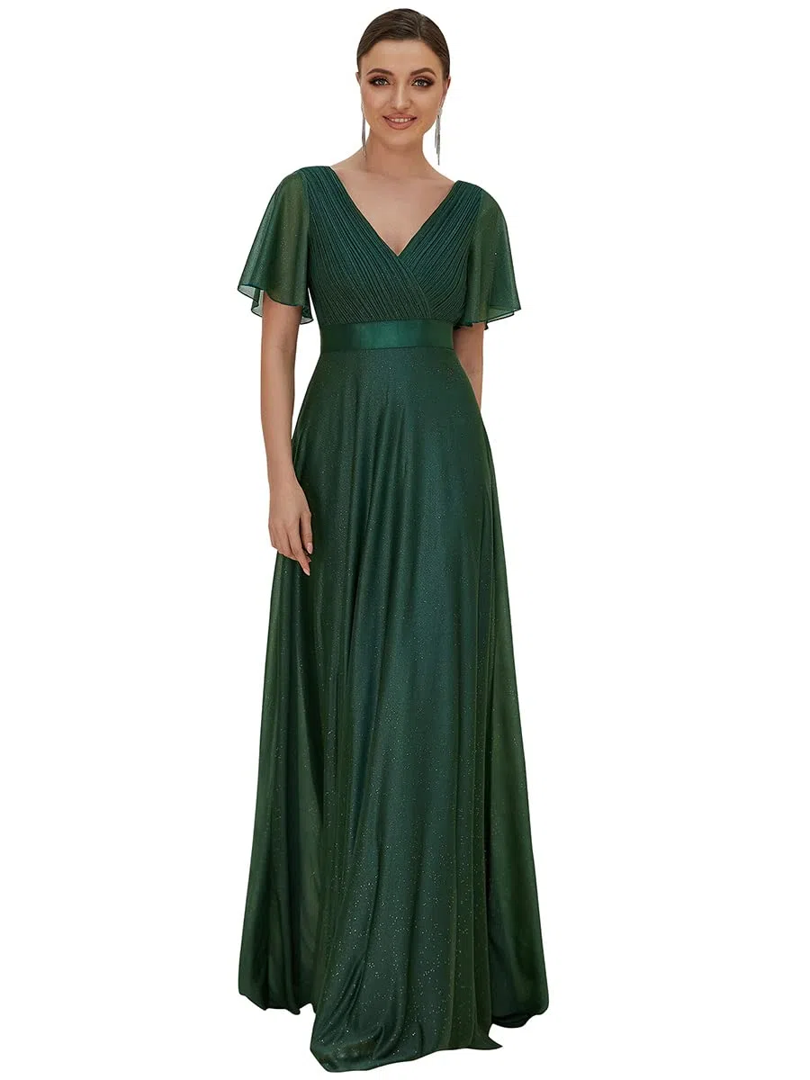 Ever-Pretty Vestido de Fiesta A-línea Largo para Mujer Escote en V Manga Corta Plisado con Lentejuelas Verde Oscuro 44