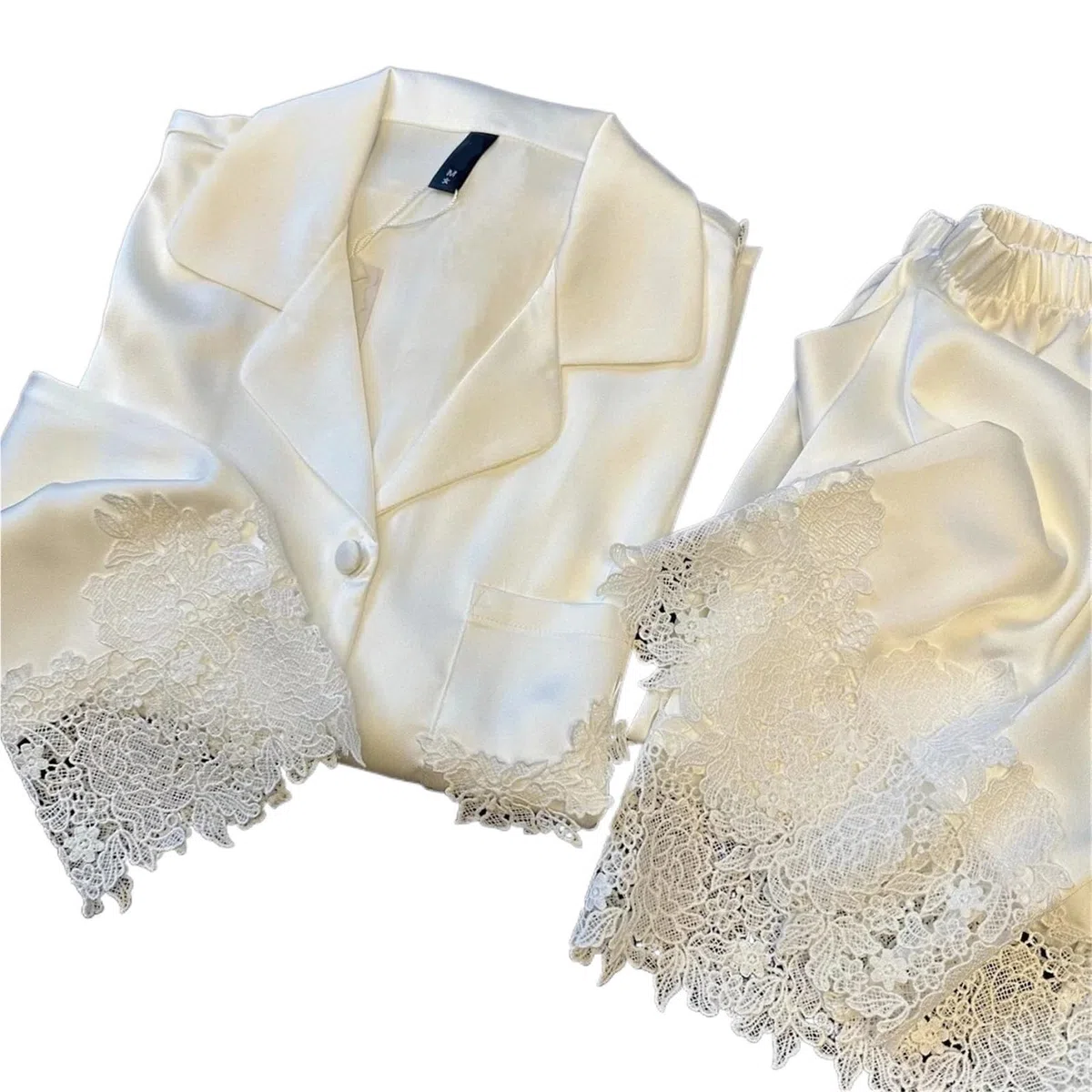 Conjunto de Pijamas for Mujer, Ropa de Dormir Blanca con Adornos de Encaje Satinado for Novia y Boda, Ropa de casa Holgada, Traje de pantalón de Manga Larga, Ropa de Descanso