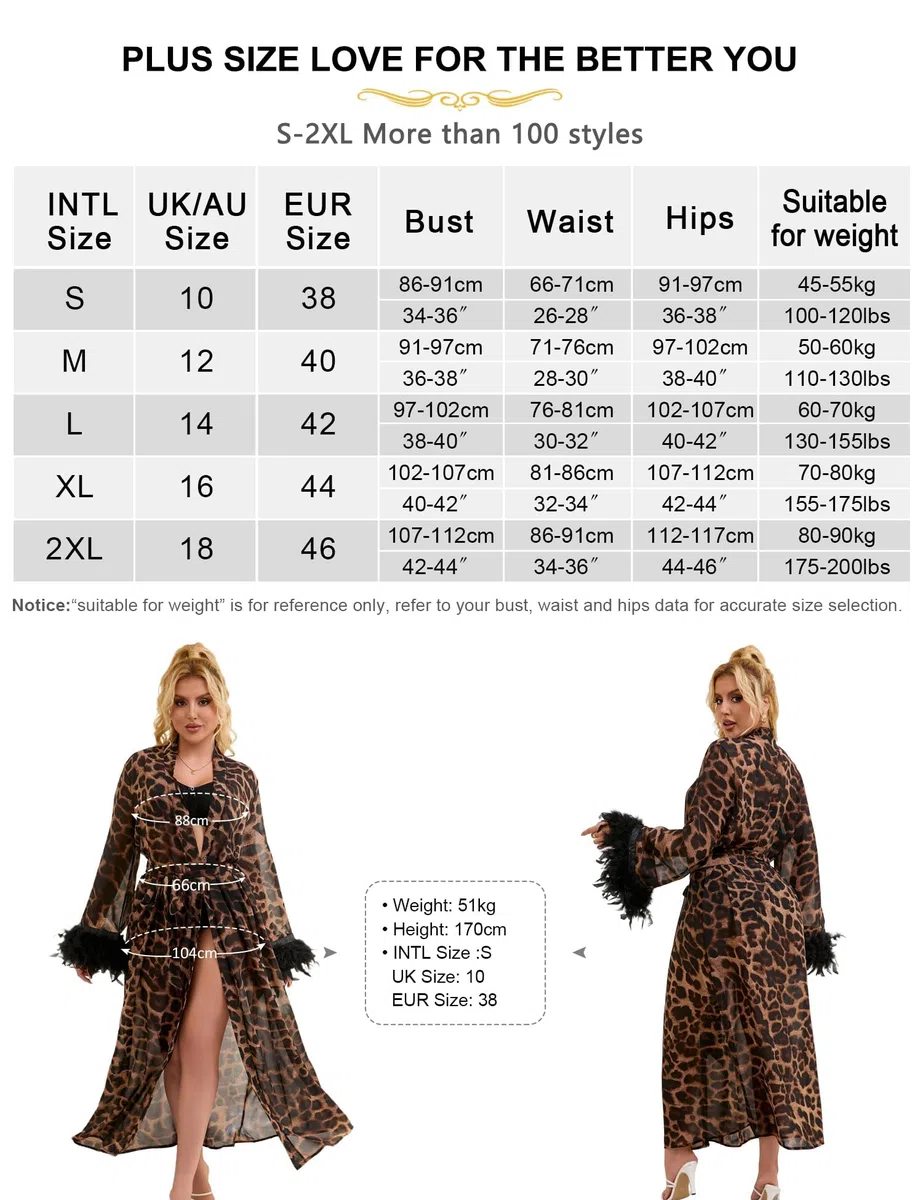 Leopard Sexy Bata Mujer Bata Larga con Plumas Kimono Albornoz para Mujer Ropa de Dormir Camisón Pijamas Negligee con Cinturón Gasa Elegante Transparente Tallas Grandes S-2XL