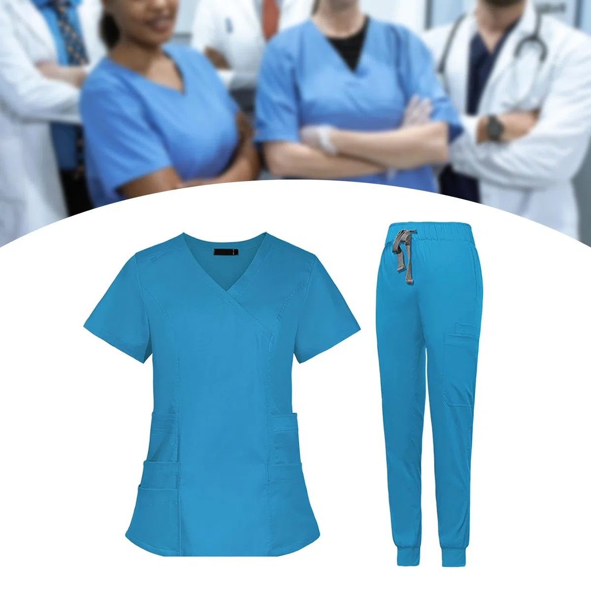 Uniforme de Enfermera con Top de Cuello en Pantalón Jogger Manga Corta y Bolsillos Prácticos Material Transpirable Adecuado para Mujeres en