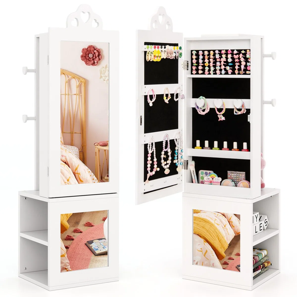 GOPLUS Armario de Joyería para Niños con Espejo de Cuerpo Entero, Organizador de Joyería Infantil de Pie con Perchero, Sistema Antivuelco, Armario de Joyería Princesa para Dormitorio (Blanco)