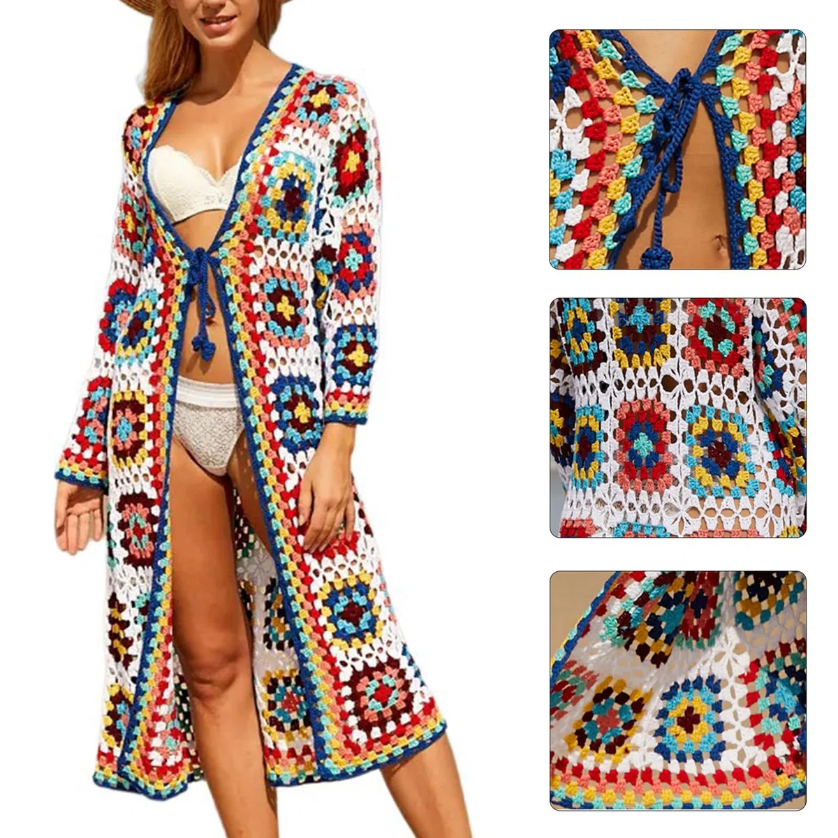 Kimono Chaqueta de Punto para Mujer Frente Abierto Traje de Baño Largo Kimono Manta Playa Cárdigan Colorido Vestido Largo